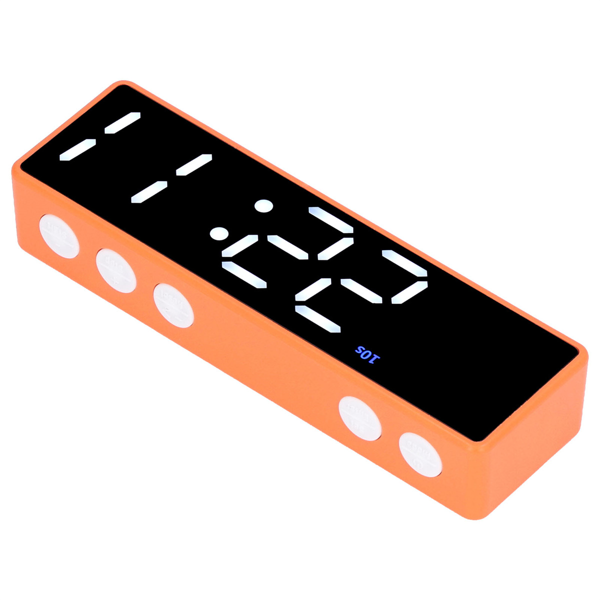 Orangene Digitaluhr mit LED-Anzeige. Zeigt die Zeit an. Knöpfe an den Seiten.