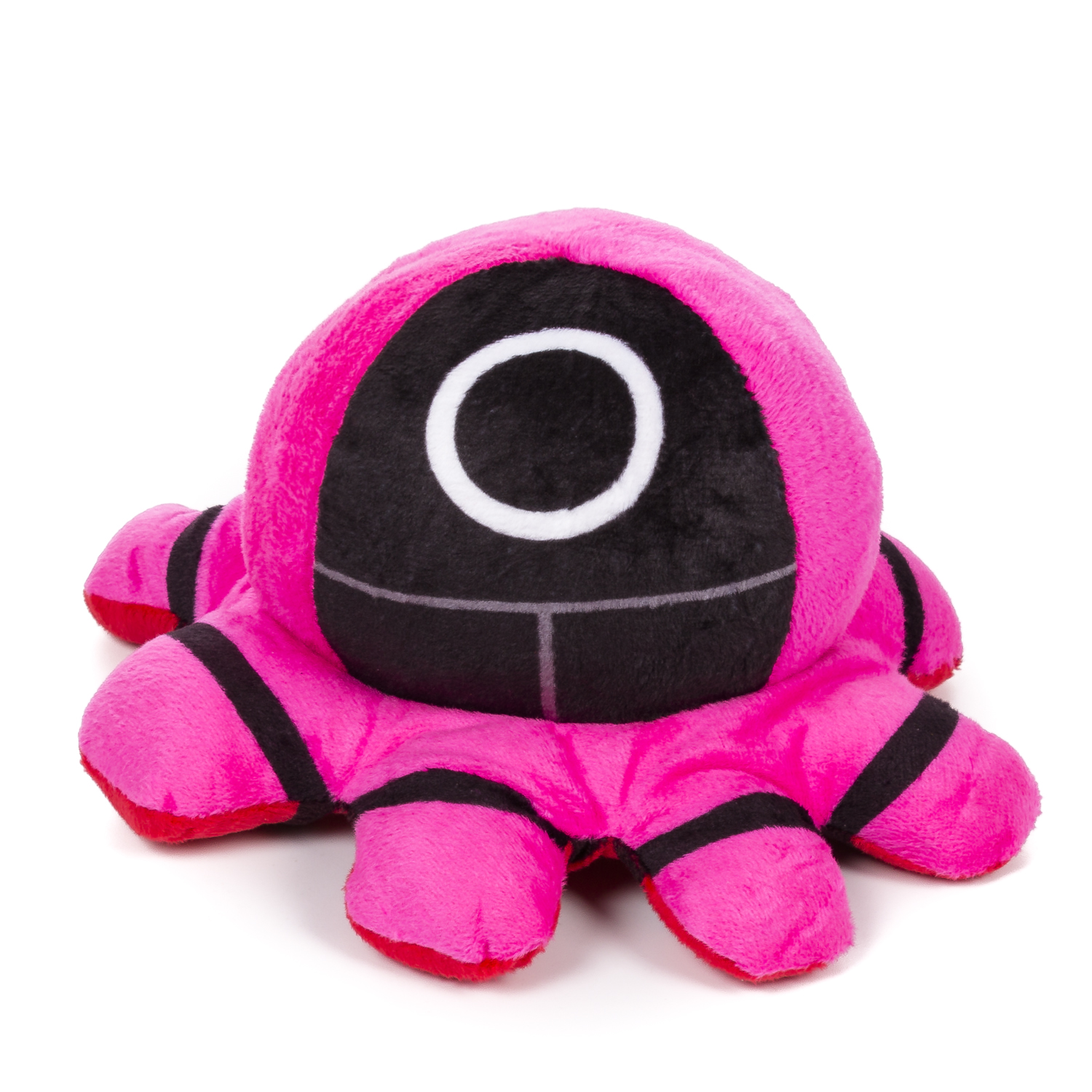 Un peluche rosa del gioco del calamaro, con una maschera nera e strisce nere sul corpo.