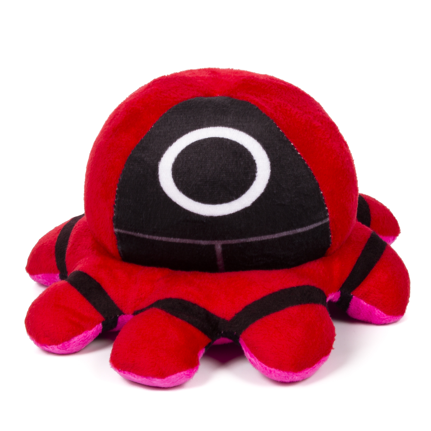 Peluche rosso che assomiglia a un personaggio di Squid Game. Maschera nera, occhio tondo, corpo rosso.
