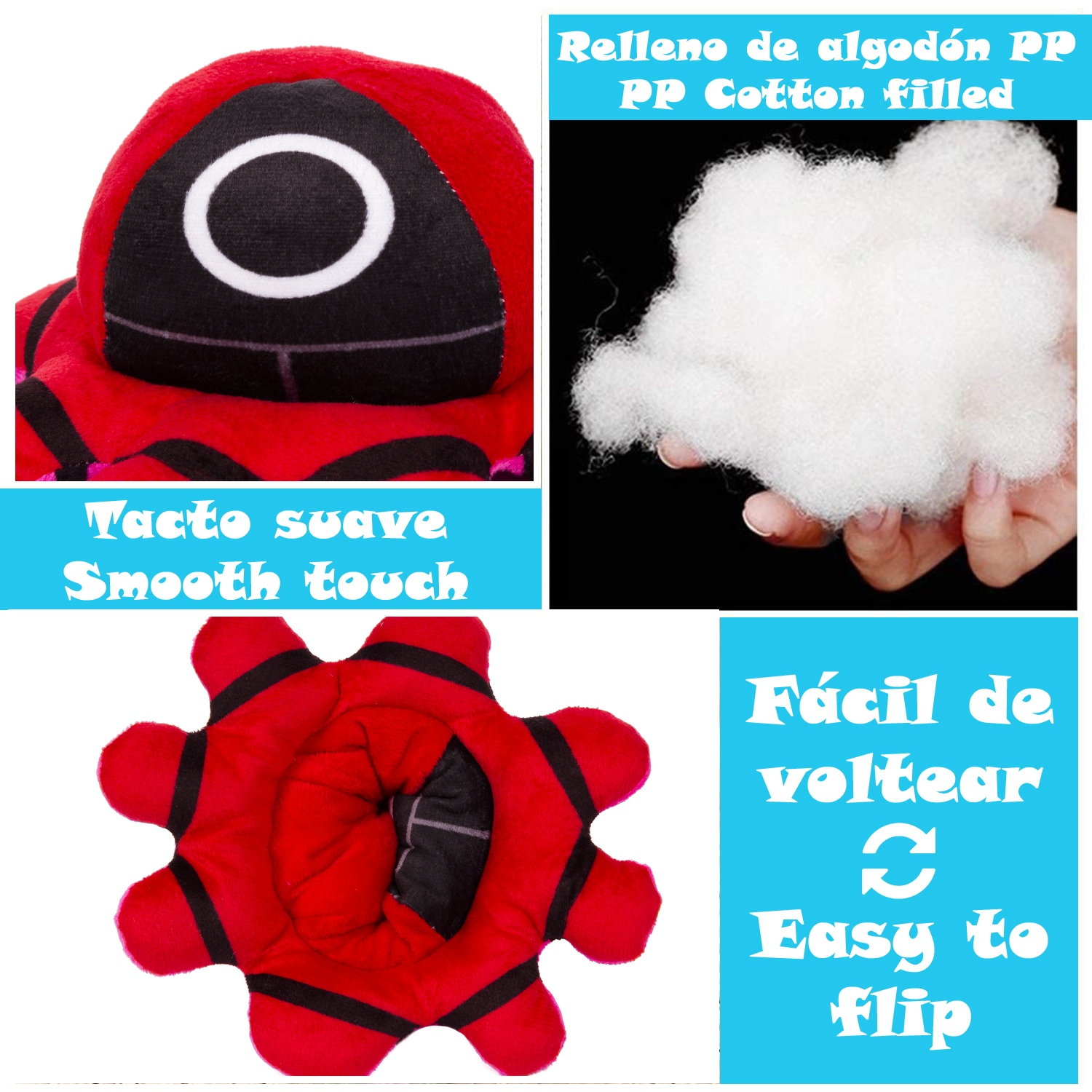 Un peluche rosso della guardia di Squid Game, con primi piani dell'imbottitura e dettagli costruttivi.