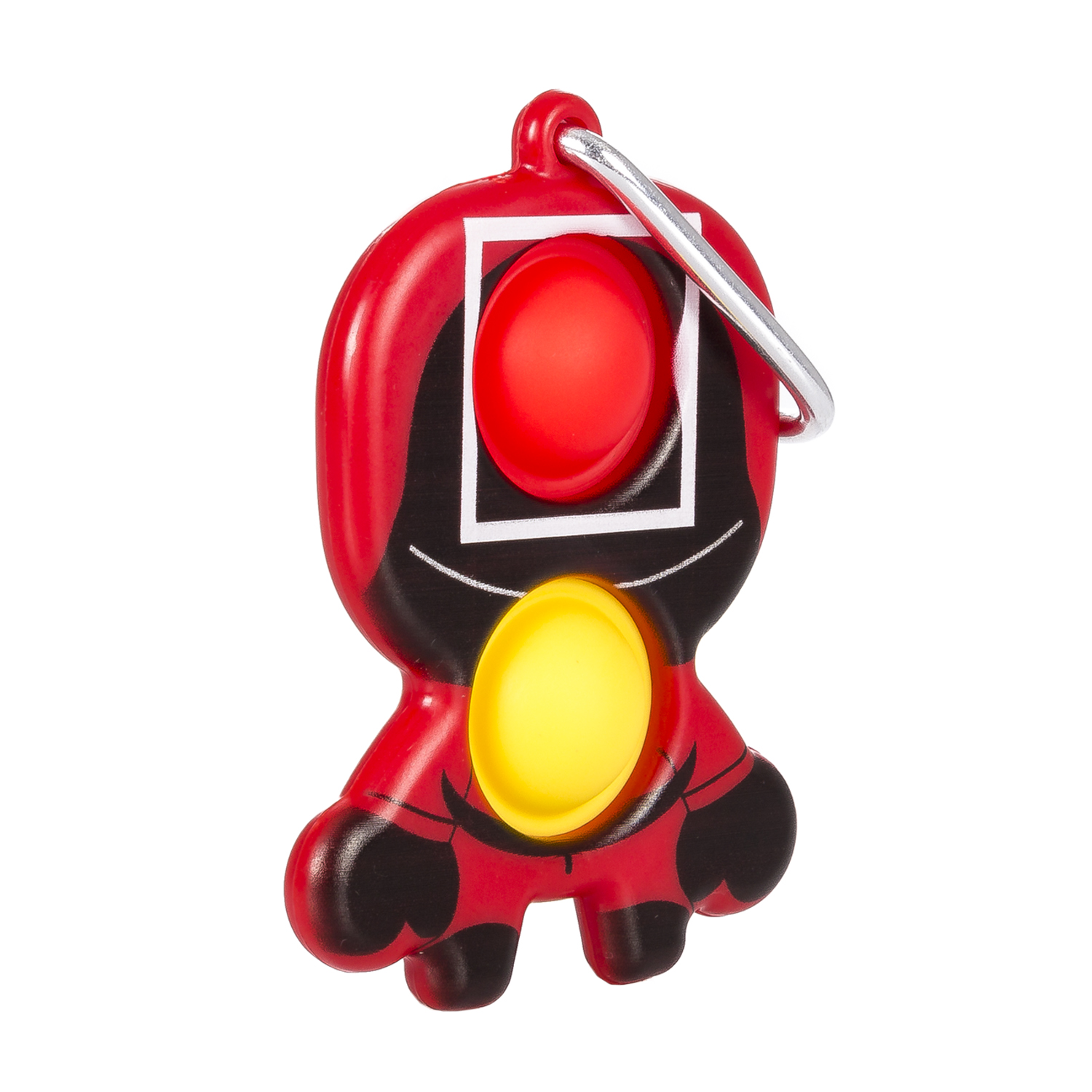 Un giocattolo rosso e nero a forma di personaggio di Squid Game, con portachiavi.