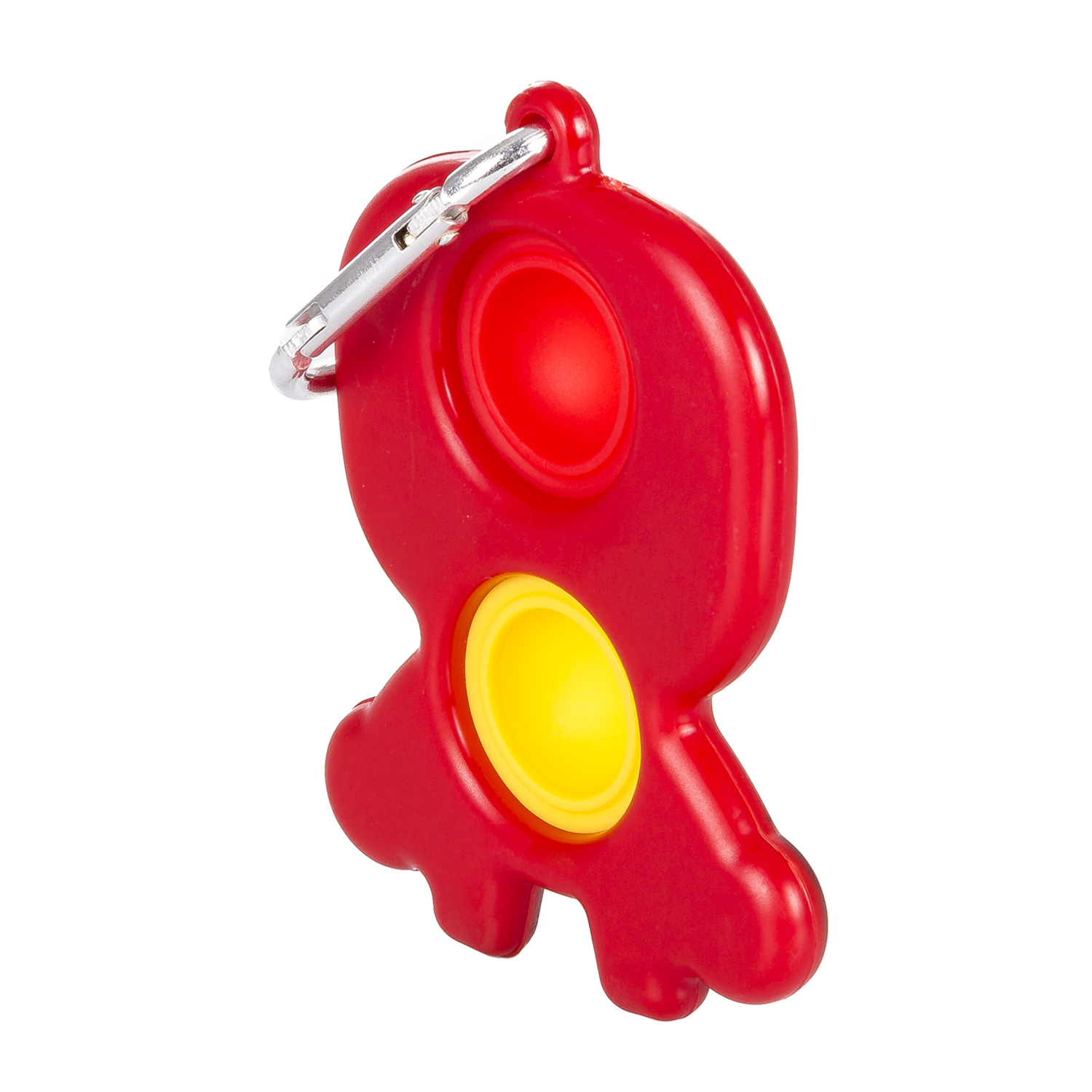 Un giocattolo portachiavi rosso, rosso e giallo, a forma di personaggio dei cartoni animati, con un portachiavi attaccato.