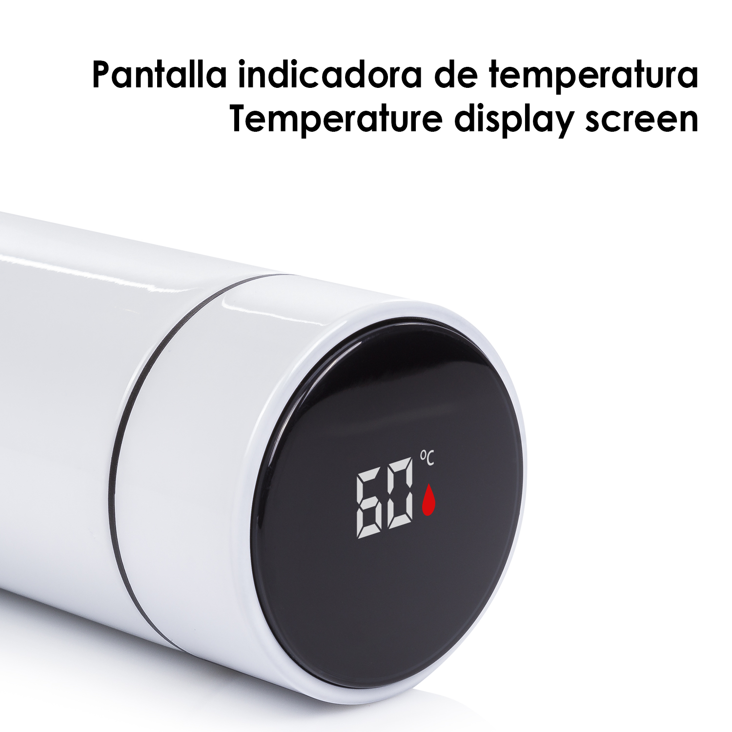 Eine weiße Wasserflasche mit digitaler Temperaturanzeige.