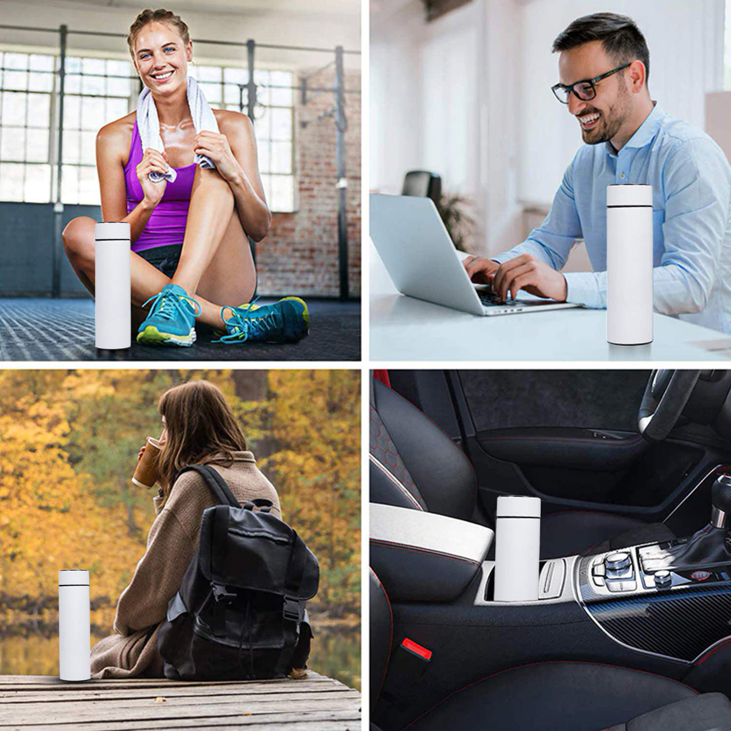 Vier Bilder von Personen, die einen weißen Becher benutzen. Verschiedene Umgebungen, darunter Arbeit, Sport und Outdoor.