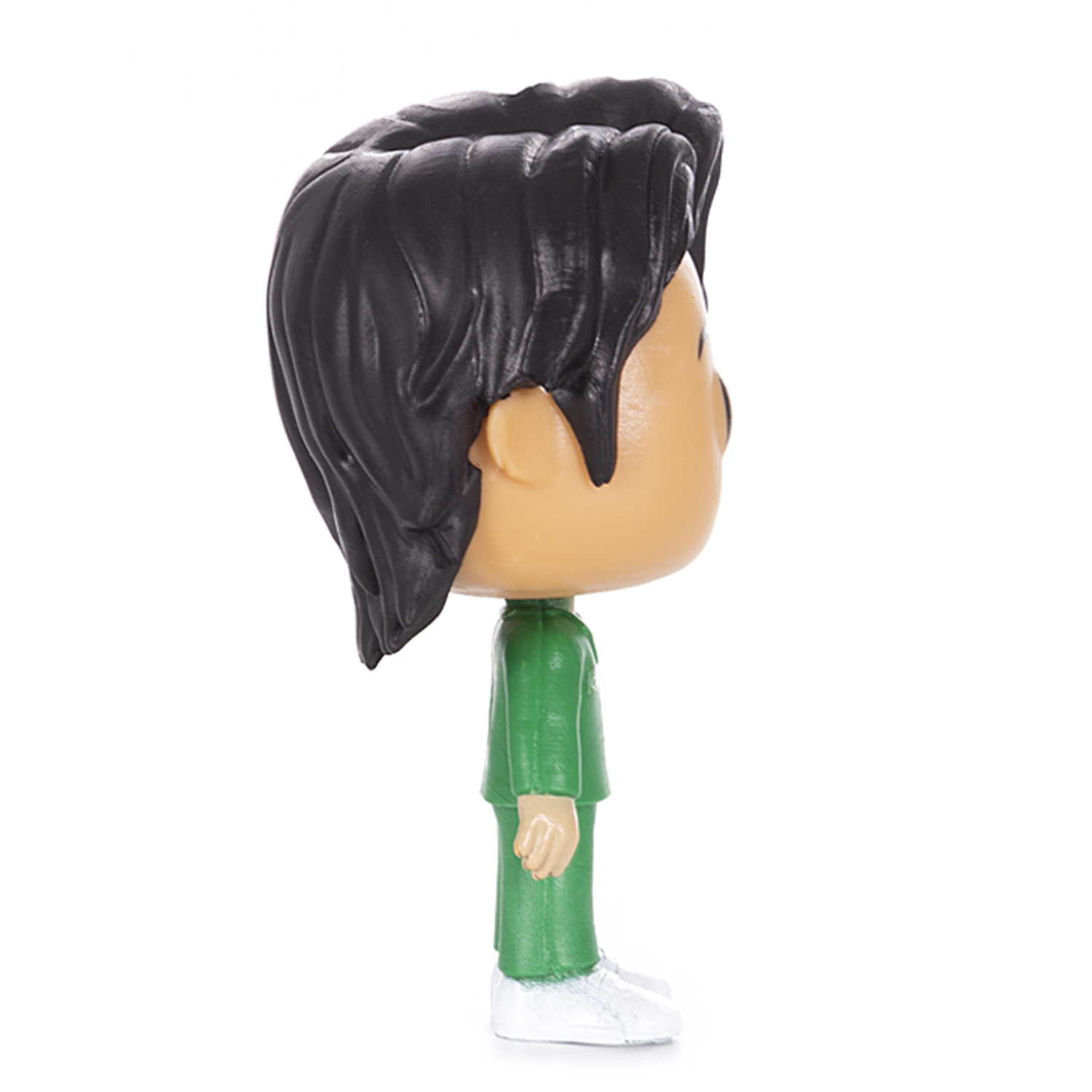 Vista laterale di una statuetta Funko Pop di un uomo in tuta verde, sfondo bianco.