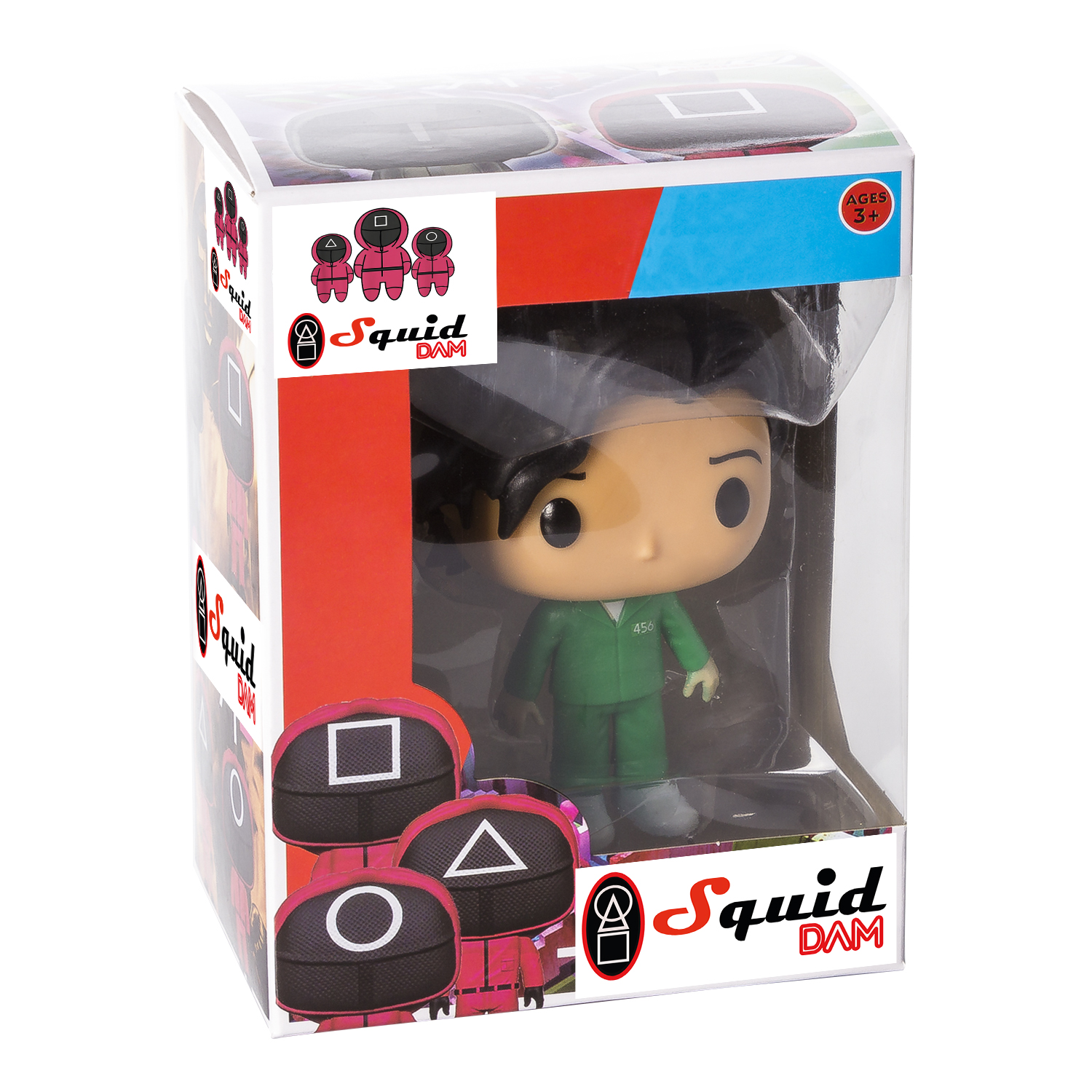 Una statuetta Funko Pop di Squid Game in una scatola trasparente. La figura indossa una tuta verde.
