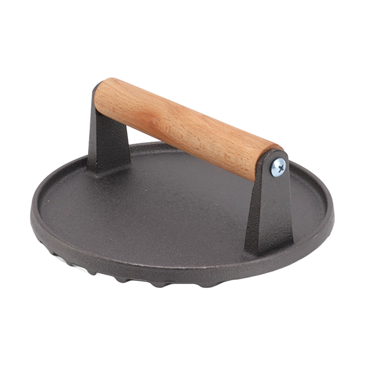 Eine schwarze Burgerpresse aus Gusseisen mit Holzgriff. Sie ist rund und hat eine strukturierte Oberfläche.