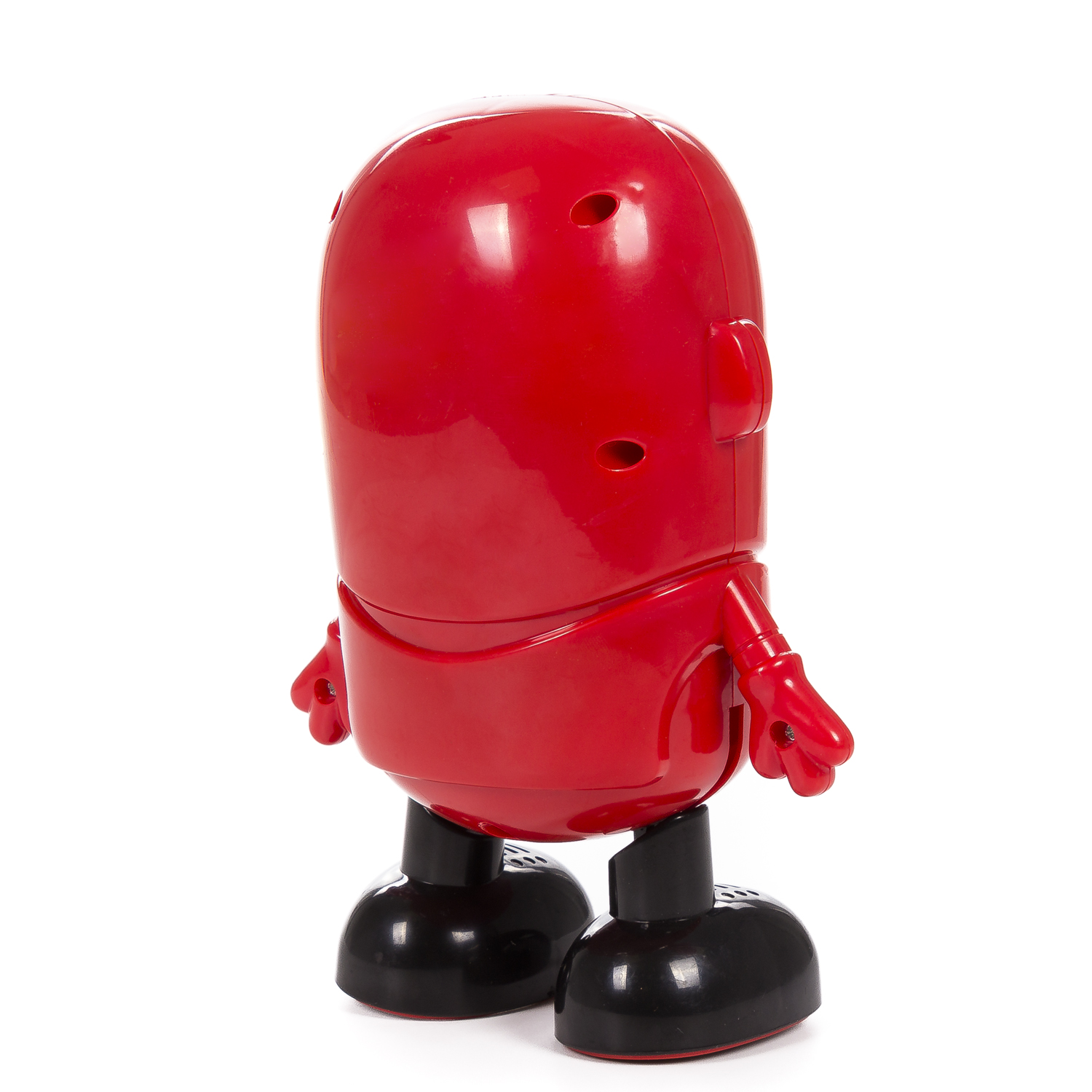 Robot giocattolo rosso con piedi neri. Sfondo bianco.