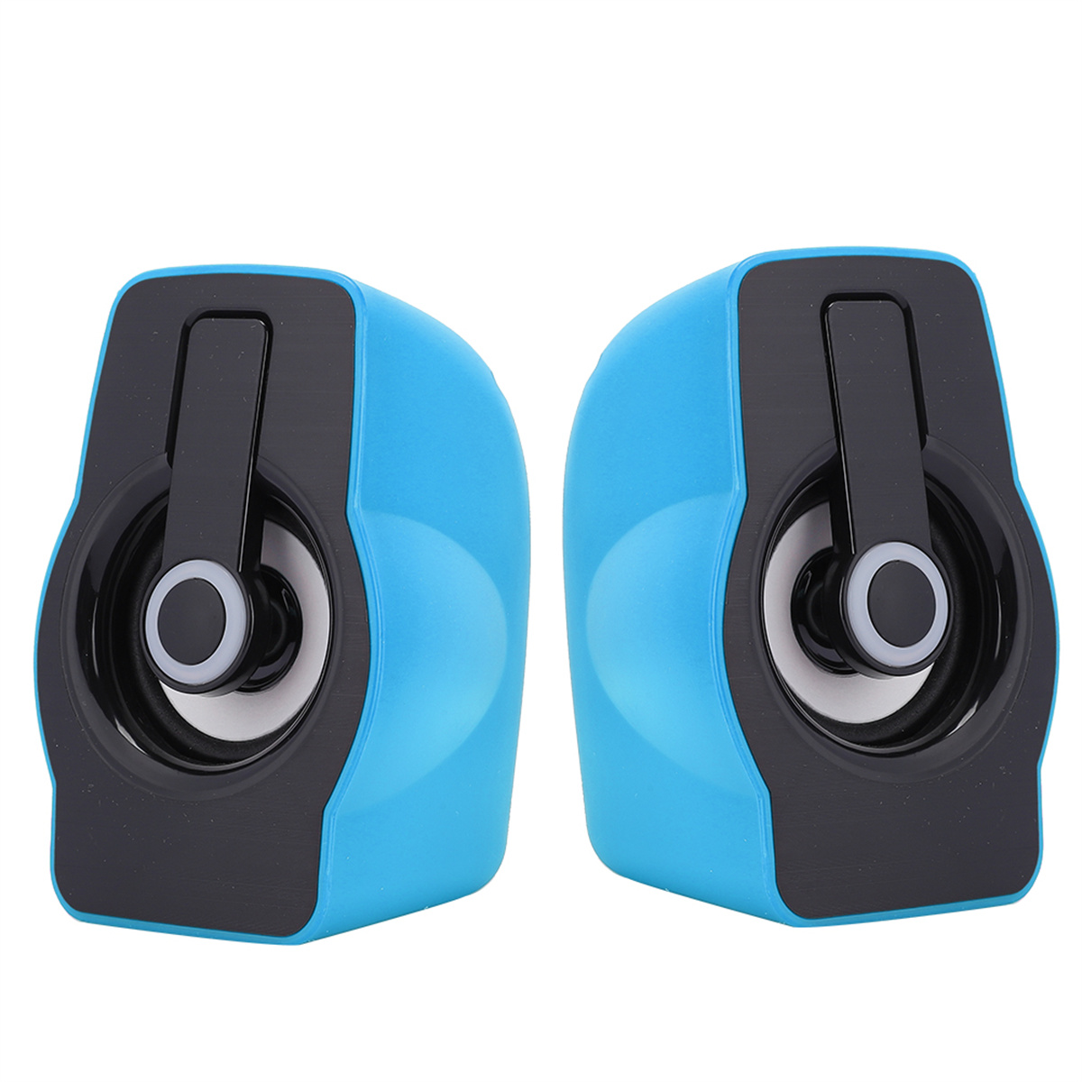 Zwei blaue und schwarze Computerlautsprecher.