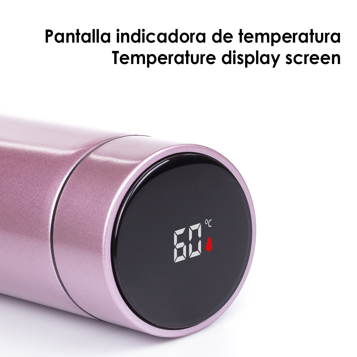 Eine pinkfarbene Thermoskanne zeigt ein digitales Display mit einer Temperatur von 60 Grad Celsius und einem roten Tropfen.