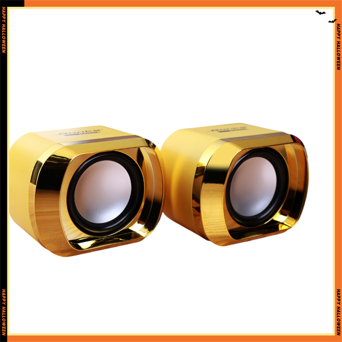 Zwei gold-schwarze Lautsprecher mit Happy Halloween-Rändern auf weißem Grund.