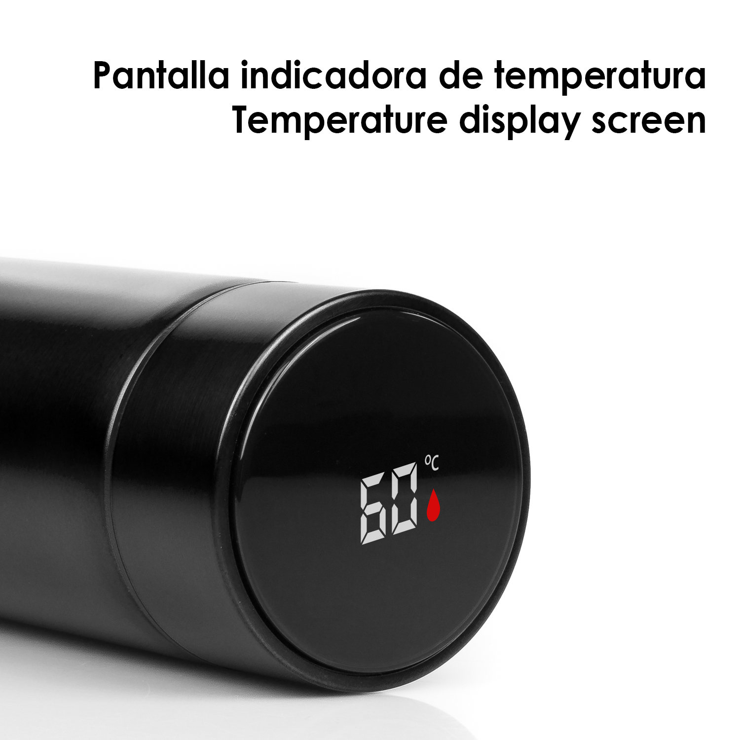 Eine schwarze isolierte Wasserflasche mit digitaler Temperaturanzeige, die 60°C anzeigt.