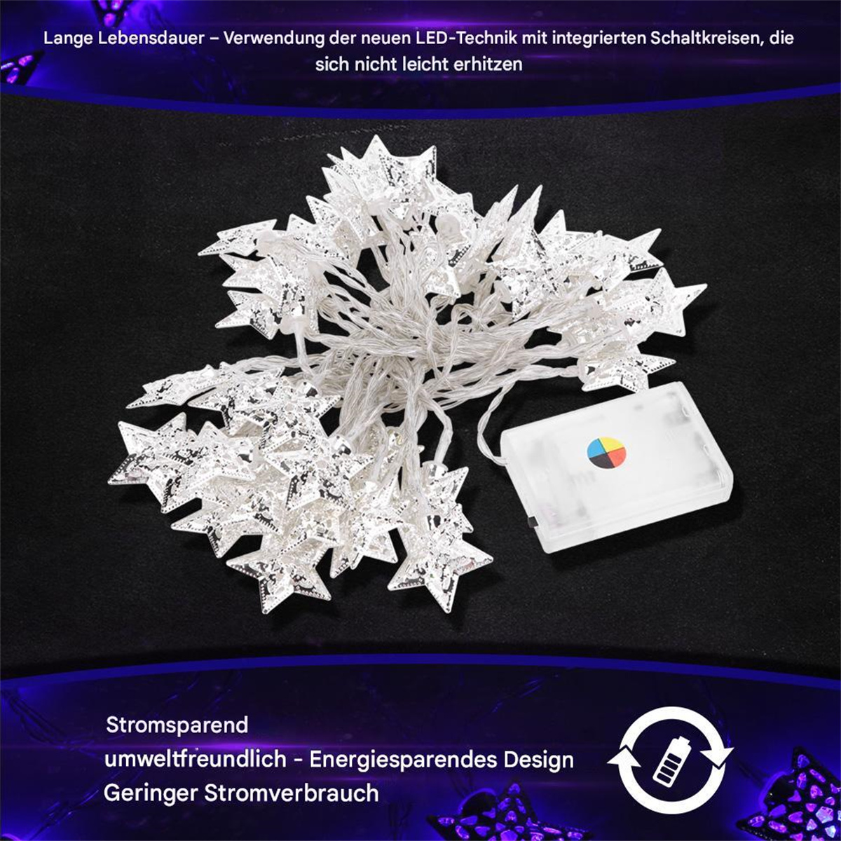 Sternförmige Lichterkette mit Batteriepack und Text zur LED-Technologie.