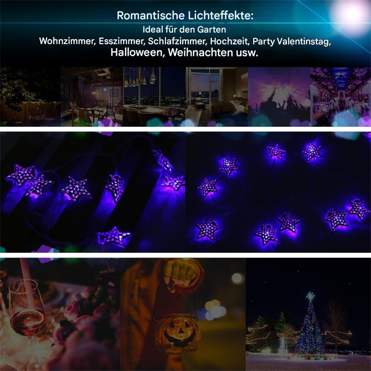 Sternschnur mit lila Glimmen. Szenen: Zimmer, Party, Halloween und Weihnachten.