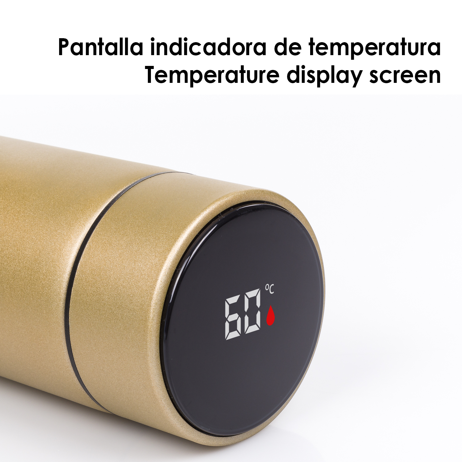 Termo dorado, pantalla negra con 60 grados y símbolo de gota roja.