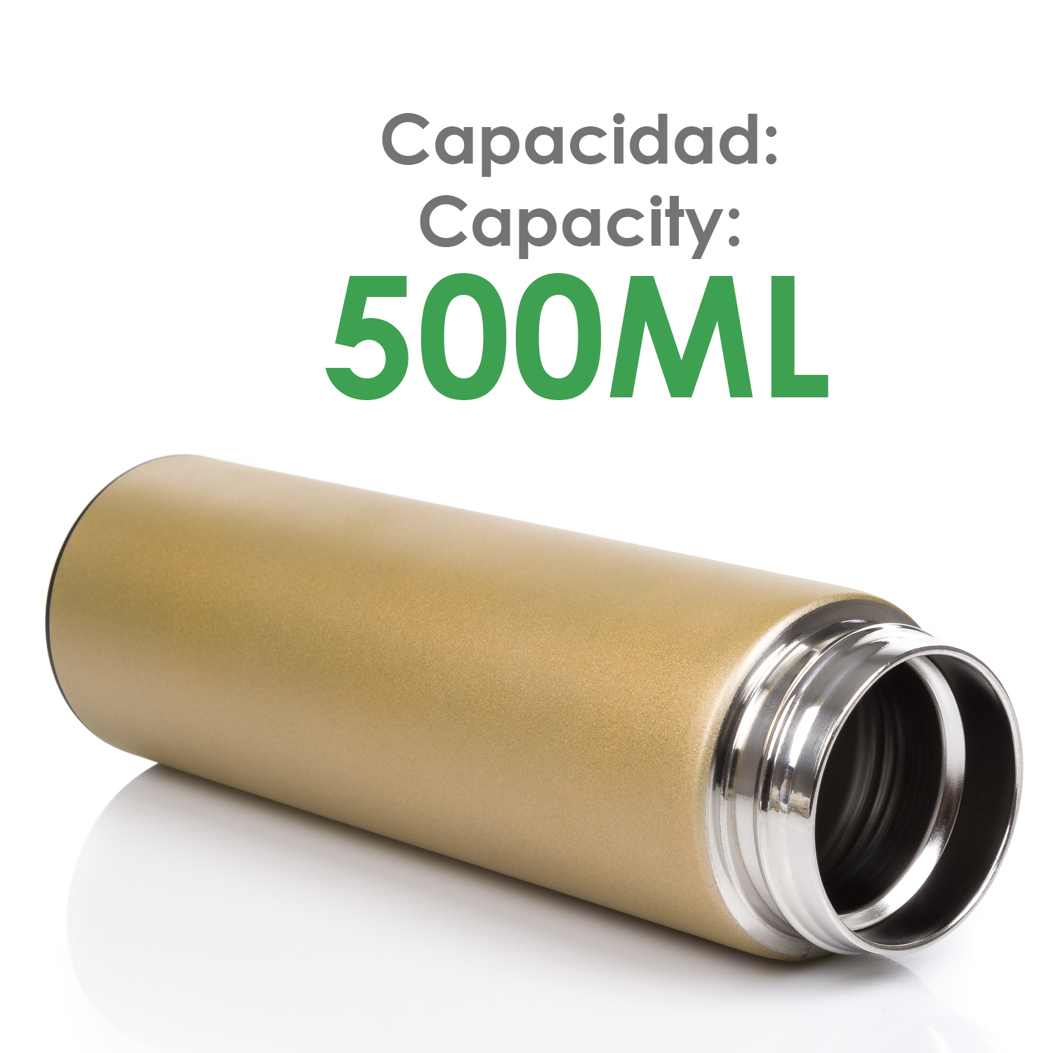 Una botella dorada aislada con el texto "Capacidad: 500ML" en letras verdes.