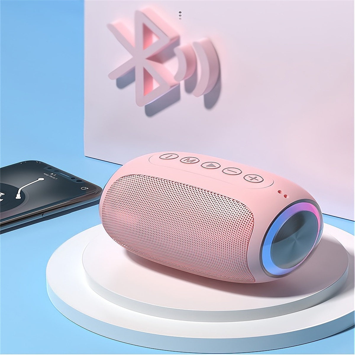 Rosa ovalförmiger Bluetooth-Lautsprecher mit Knöpfen, umgeben von blauem und weißem Hintergrund.