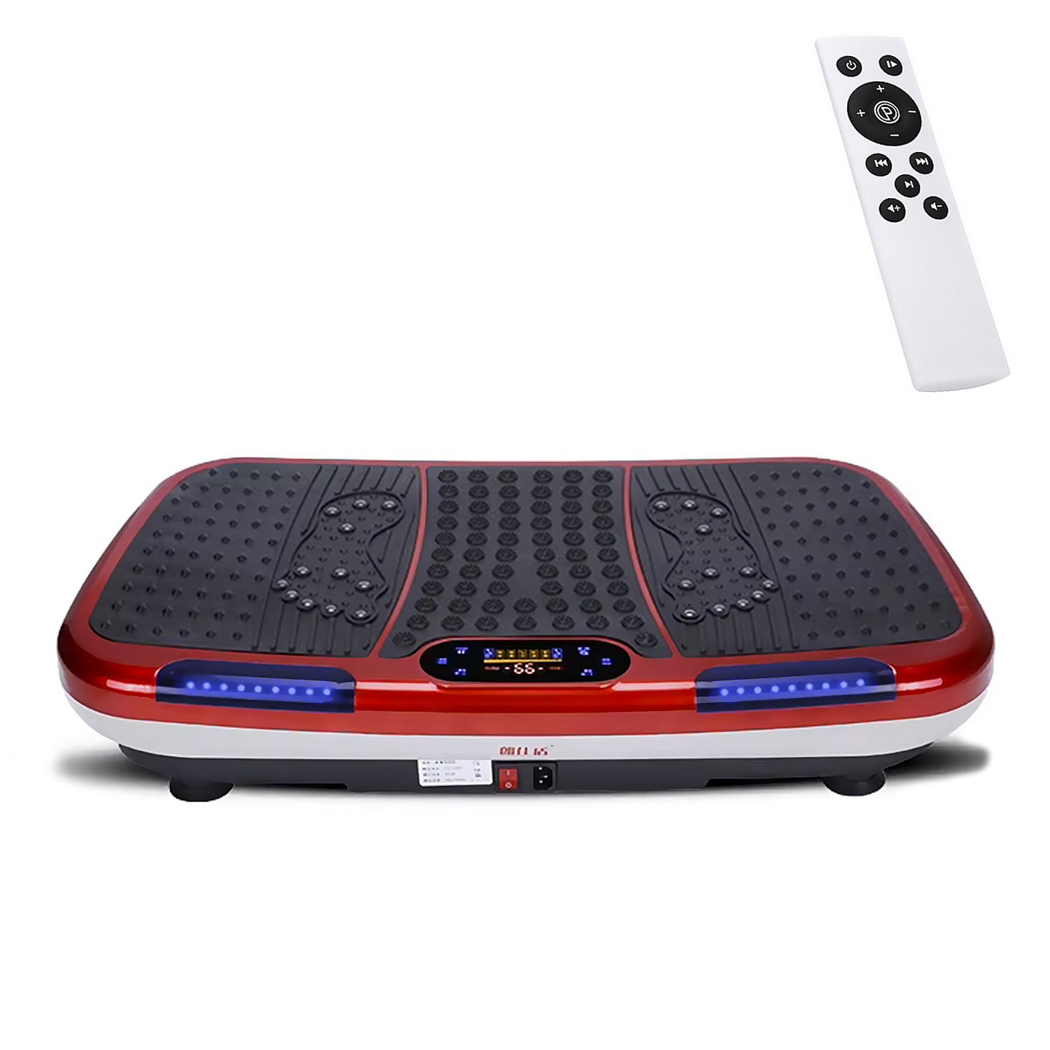 Piattaforma fitness vibrante con telecomando. Rosso e nero con display. Sfondo bianco.