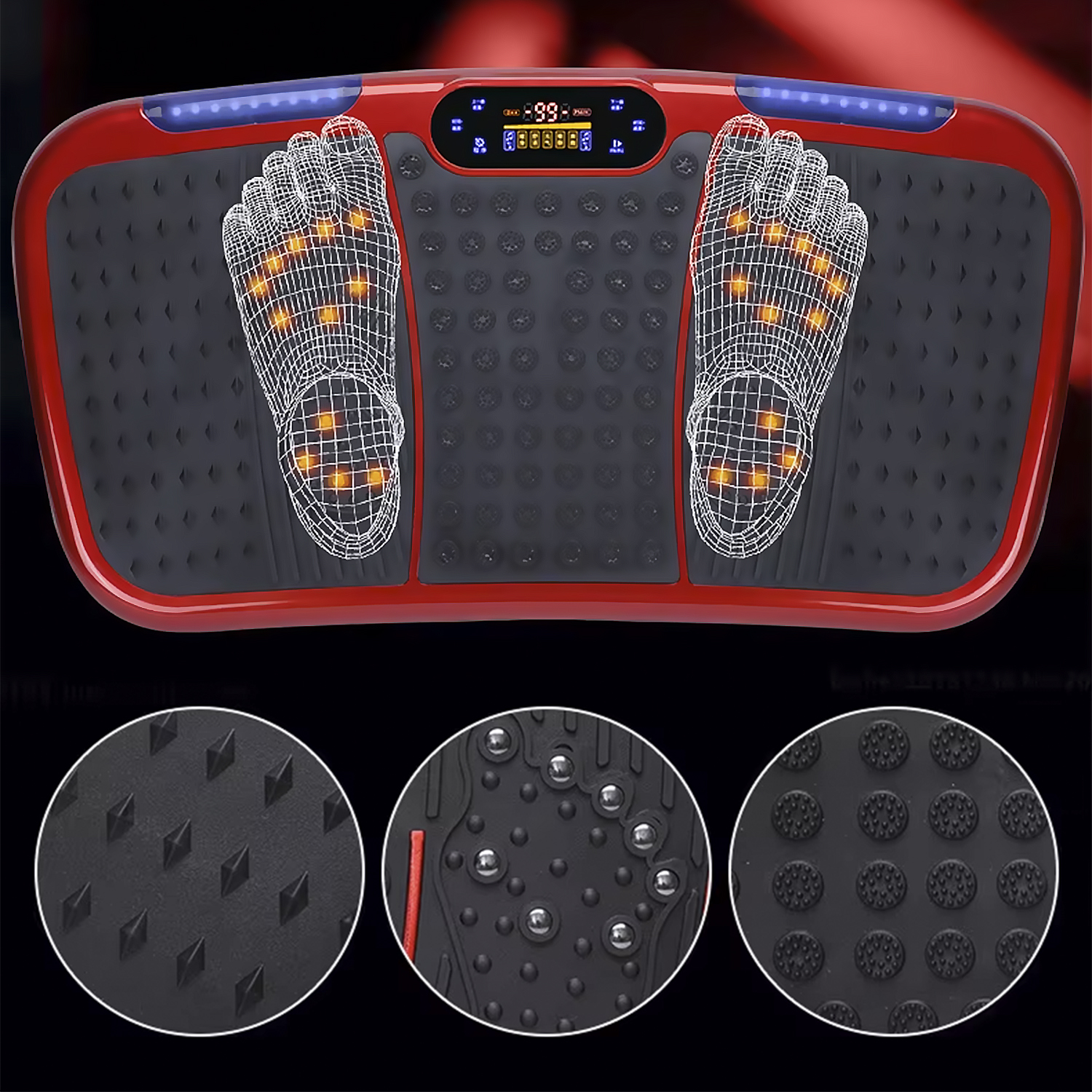 Piattaforma vibrante rossa e nera con due contorni dei piedi, un display digitale e tre texture in primo piano.