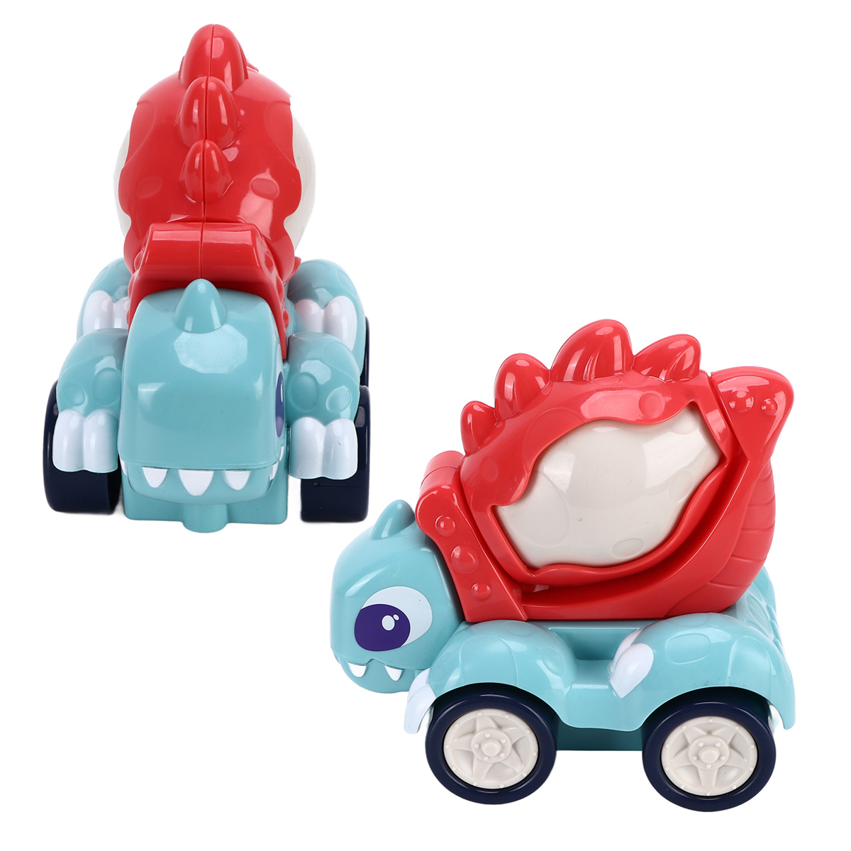 Zwei Spielzeug-Dinosaurierautos, blau und rot, mit Rädern. Weißer Hintergrund.