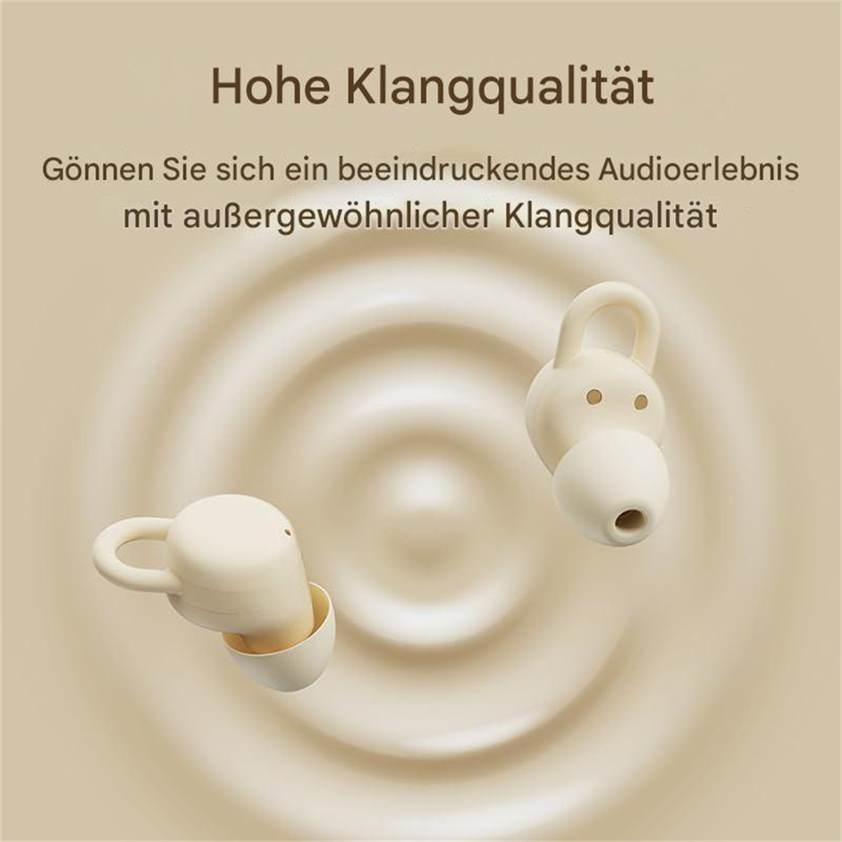 Elfenbeinfarbene Ohrhörer auf wirbelndem Hintergrund. Text: Hohe Klangqualität.