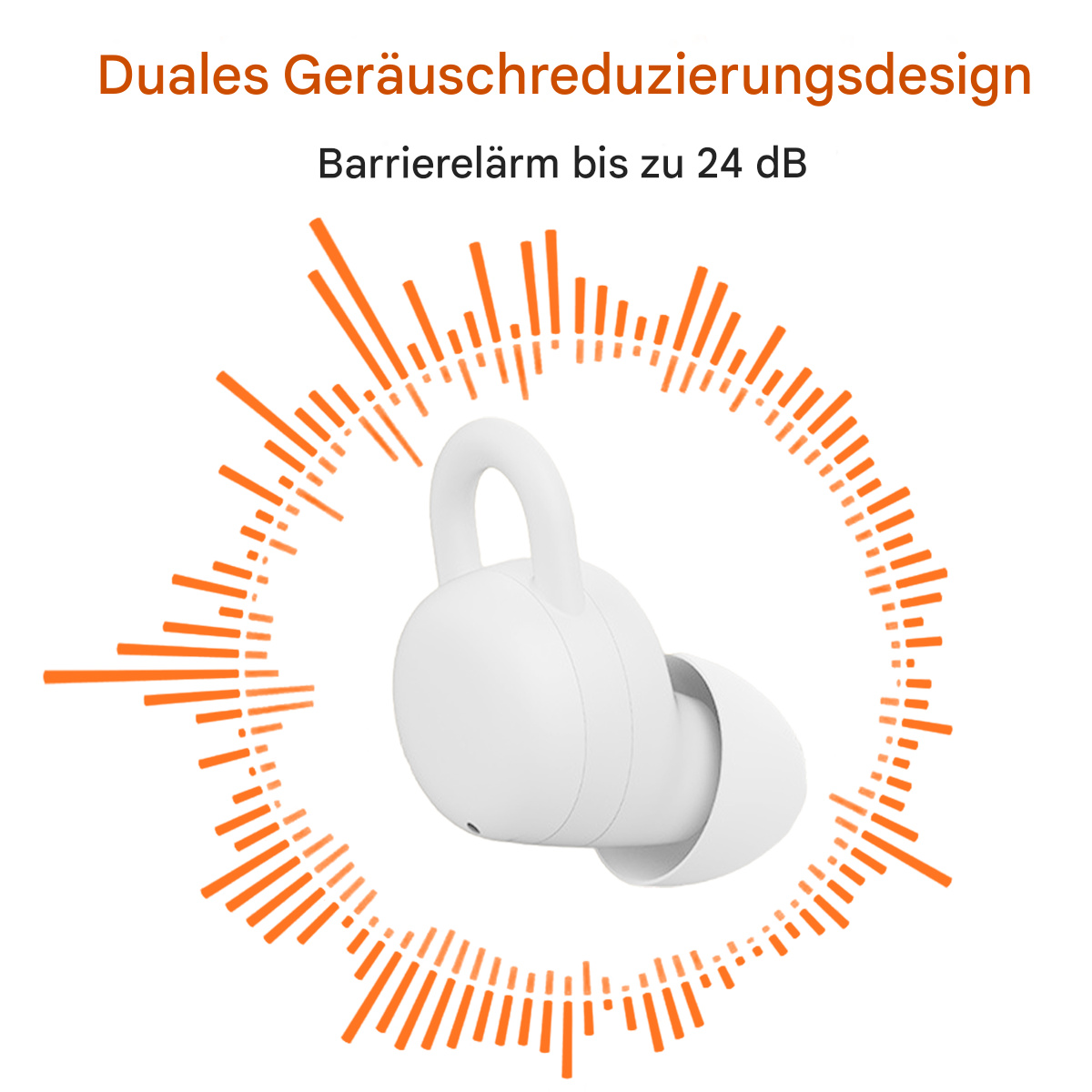 Weiße Ohrhörer mit orangefarbenem Schallwellen-Design auf weißem Hintergrund. Text: Duales Geräuschreduzierungsdesign.