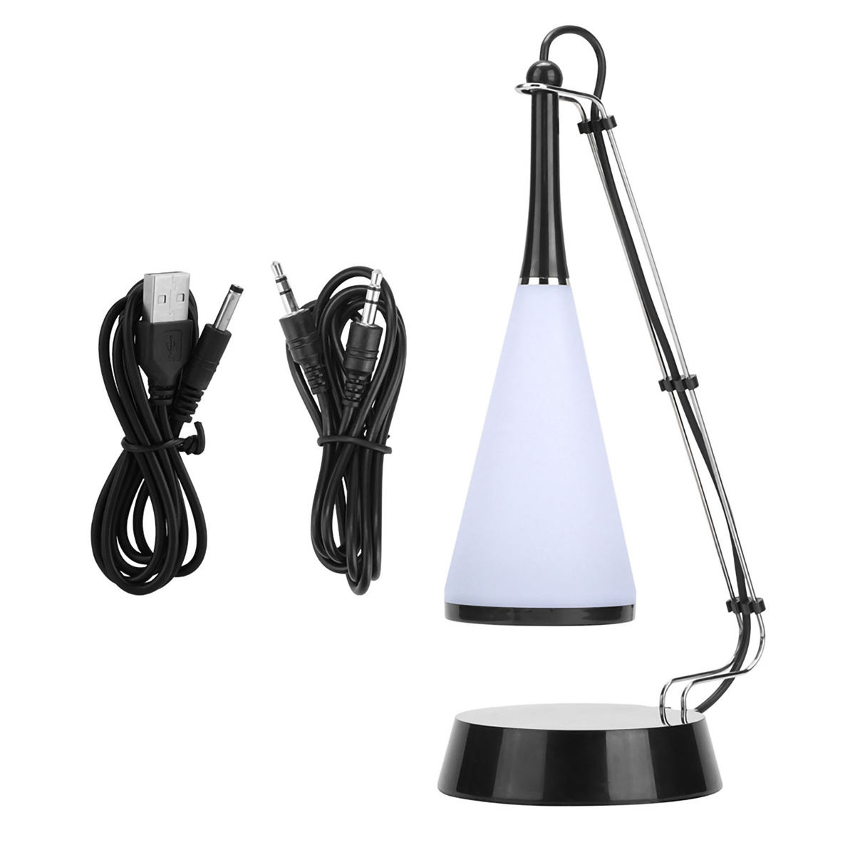 Schwarz-weiße Lampe mit schwarzem Sockel und drei Verbindungskabeln.