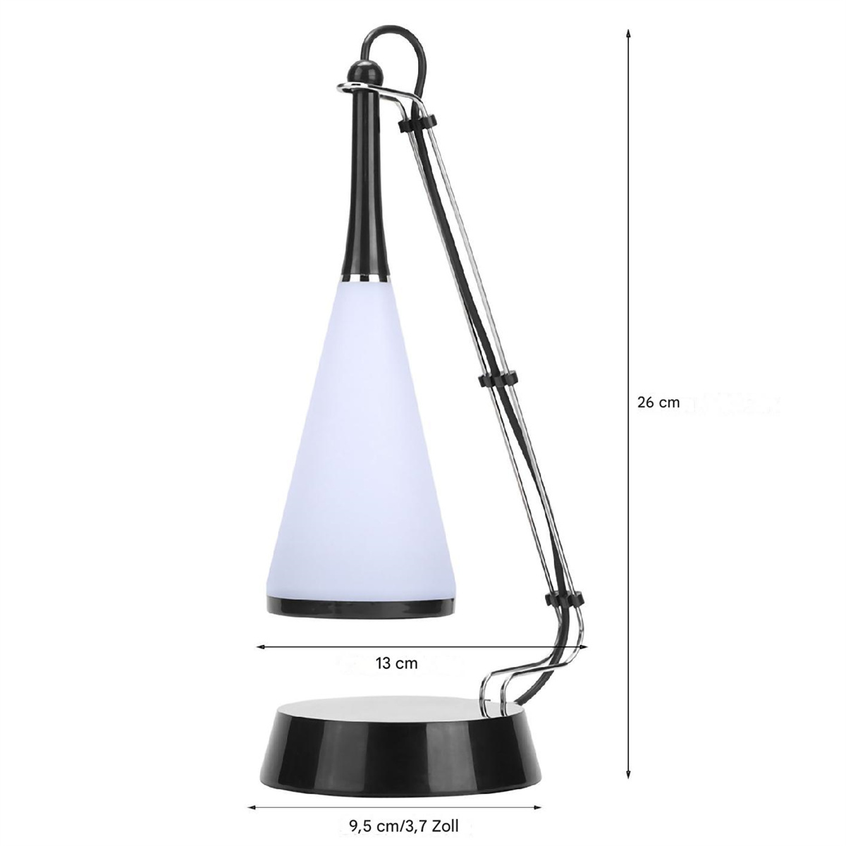 Schwarze und silberne Schreibtischlampe mit weißem konischem Licht und Maßen.