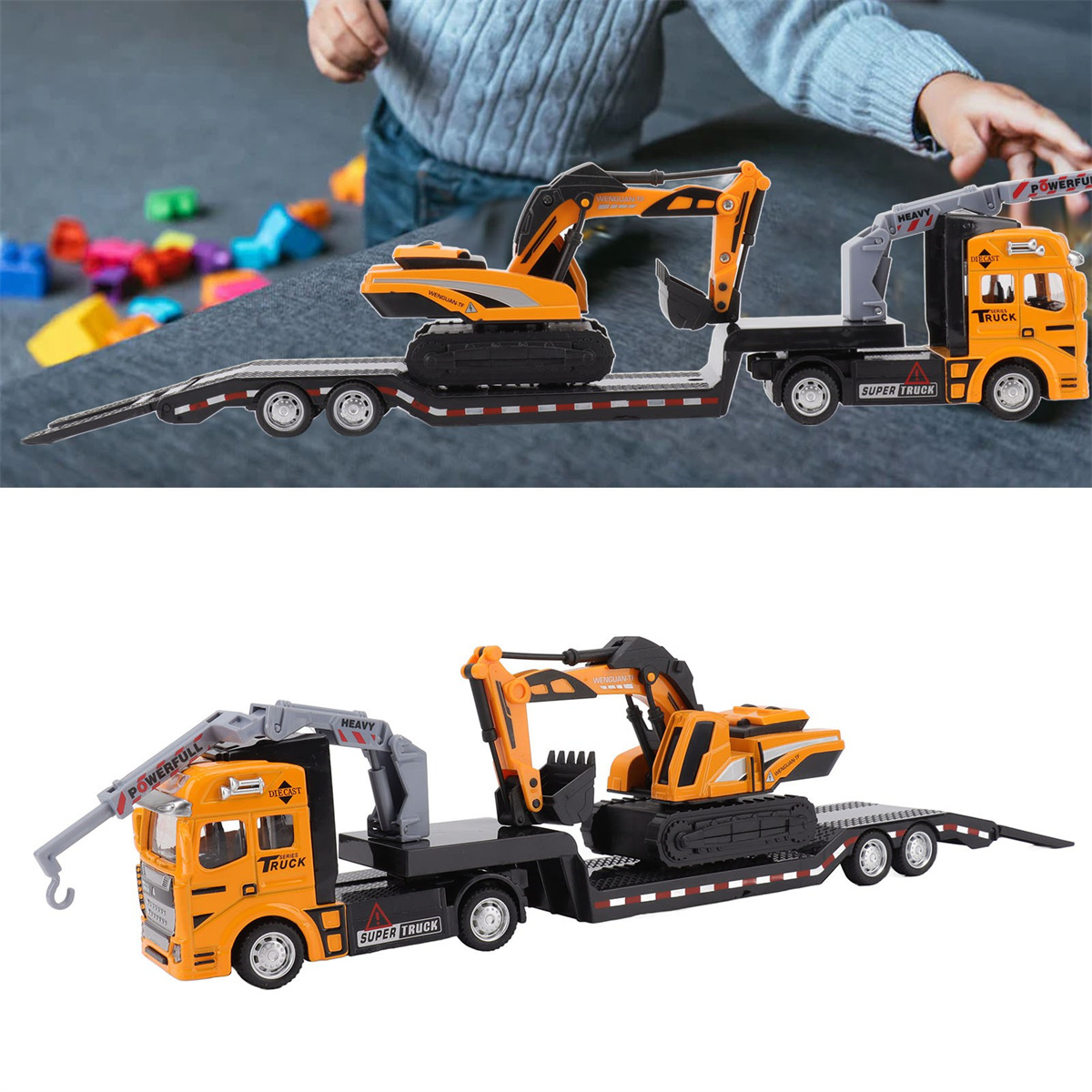 Spielzeug-LKW mit zwei Bau-Fahrzeugen auf weißer Oberfläche.