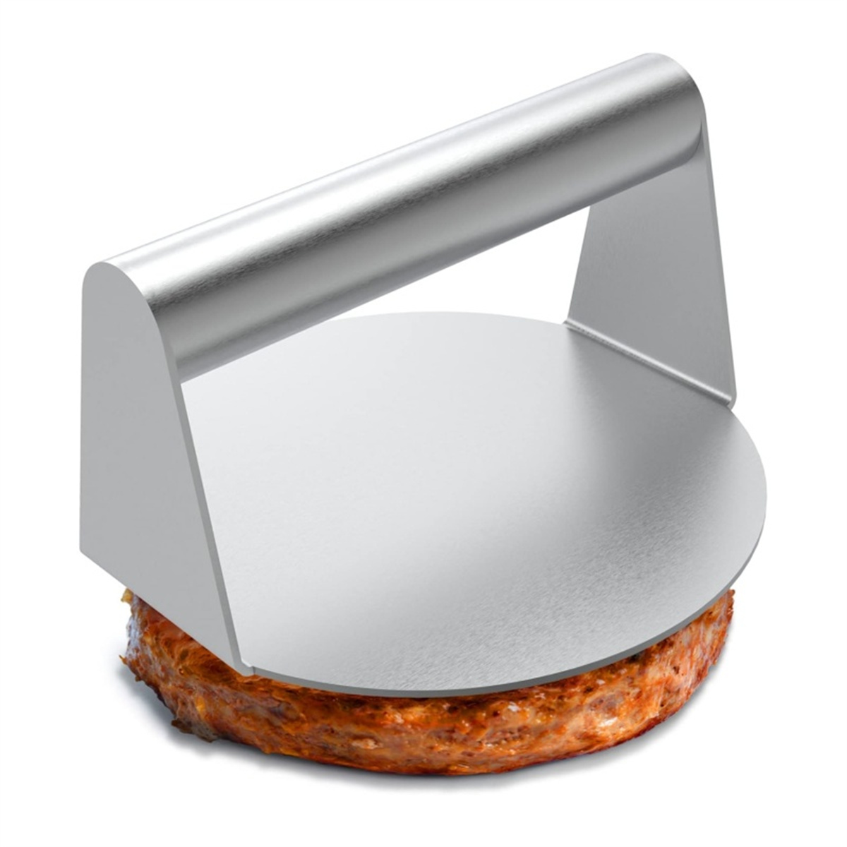 Metall-Burgerpresse, die ein gekochtes Burger-Patty presst.