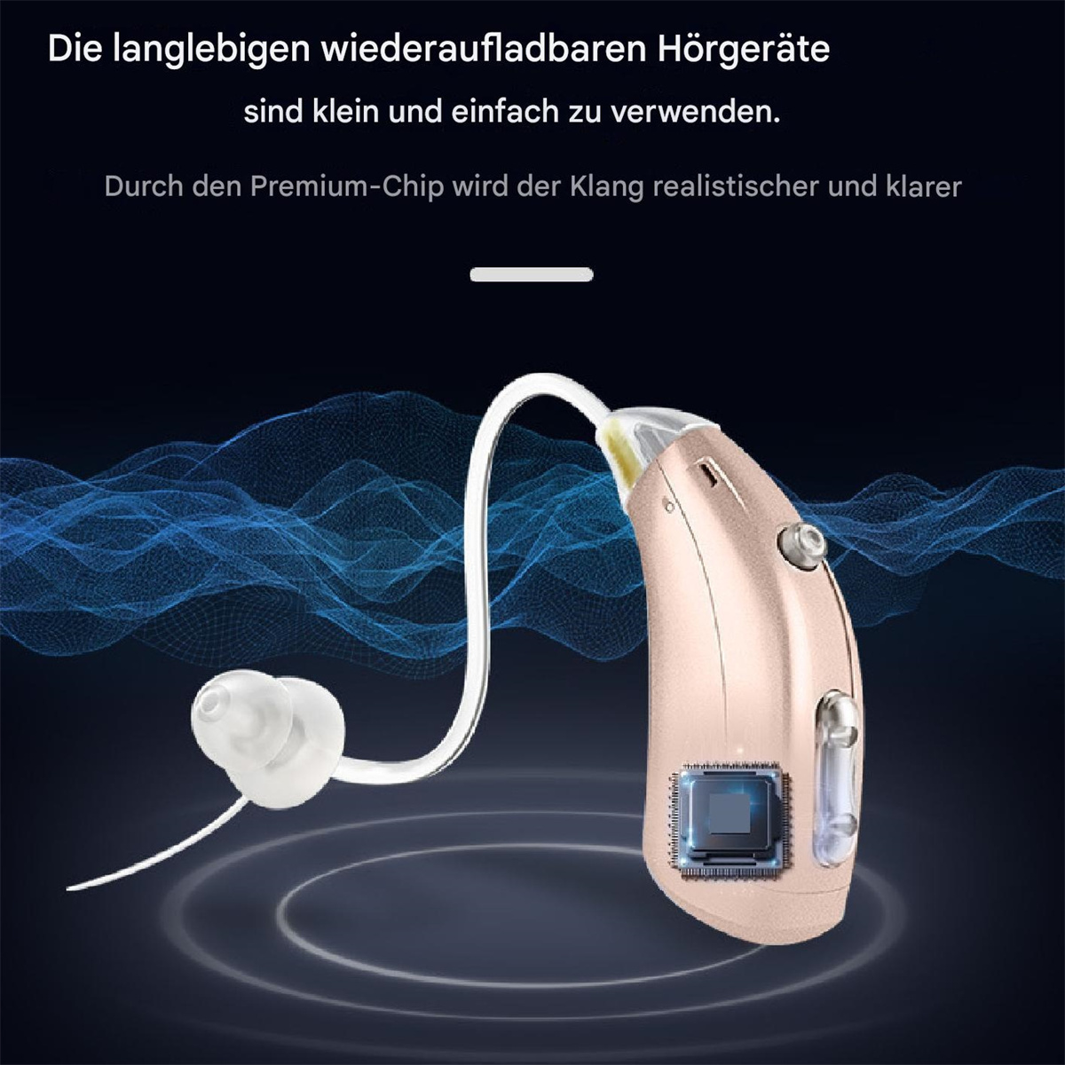 Ein Hörgerät, mit goldfarbenem Finish, einem weißen Schlauch und einem kleinen Chip.