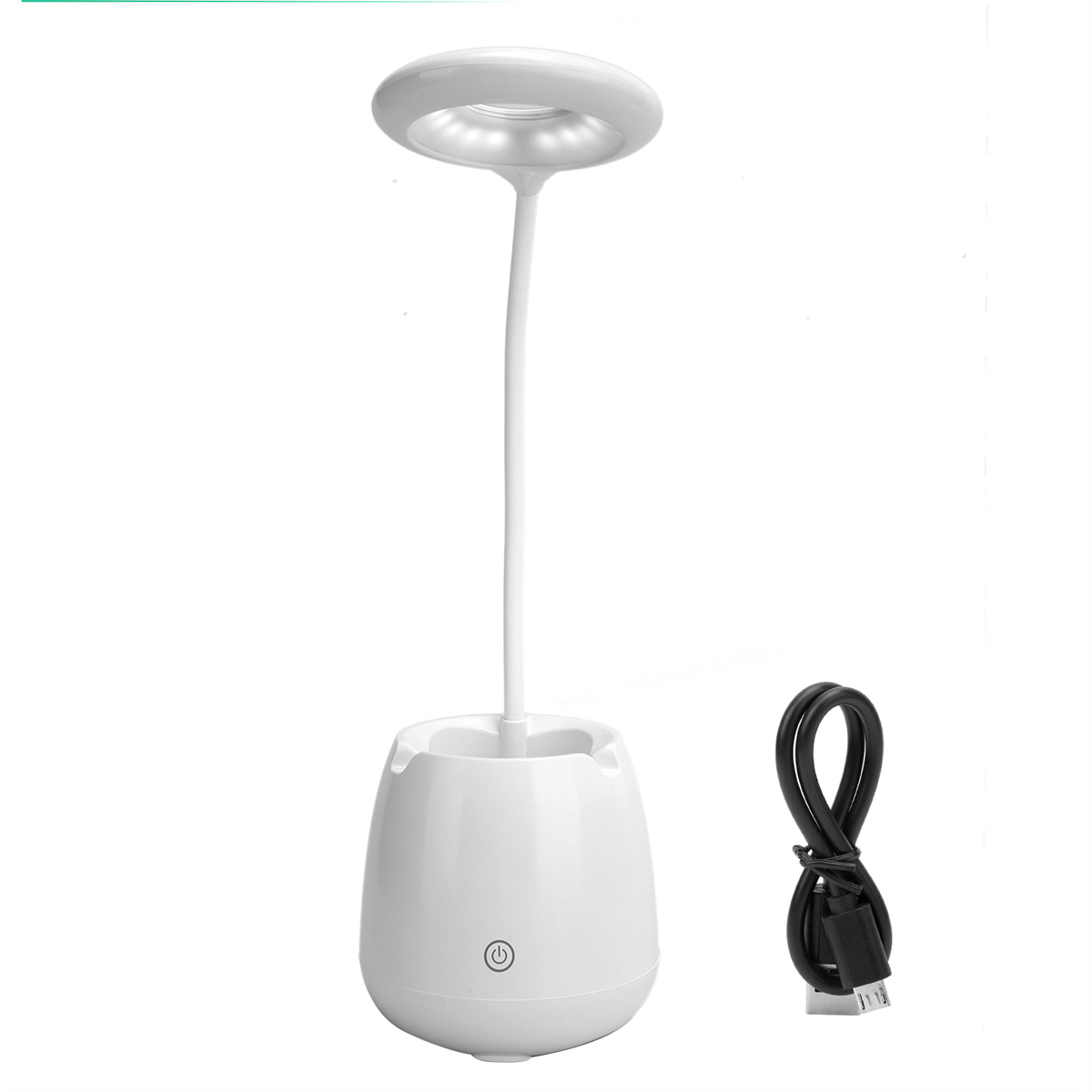 Weiße Schreibtischlampe mit flexiblem Hals, Sockel und USB-Kabel.