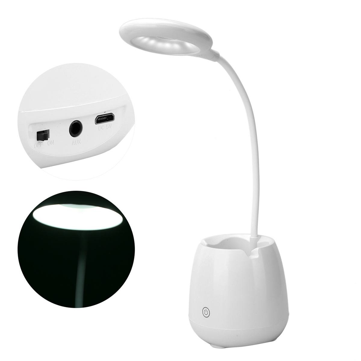 Weiße Schreibtischlampe mit Stifthalter und Nahaufnahme des Lichts.
