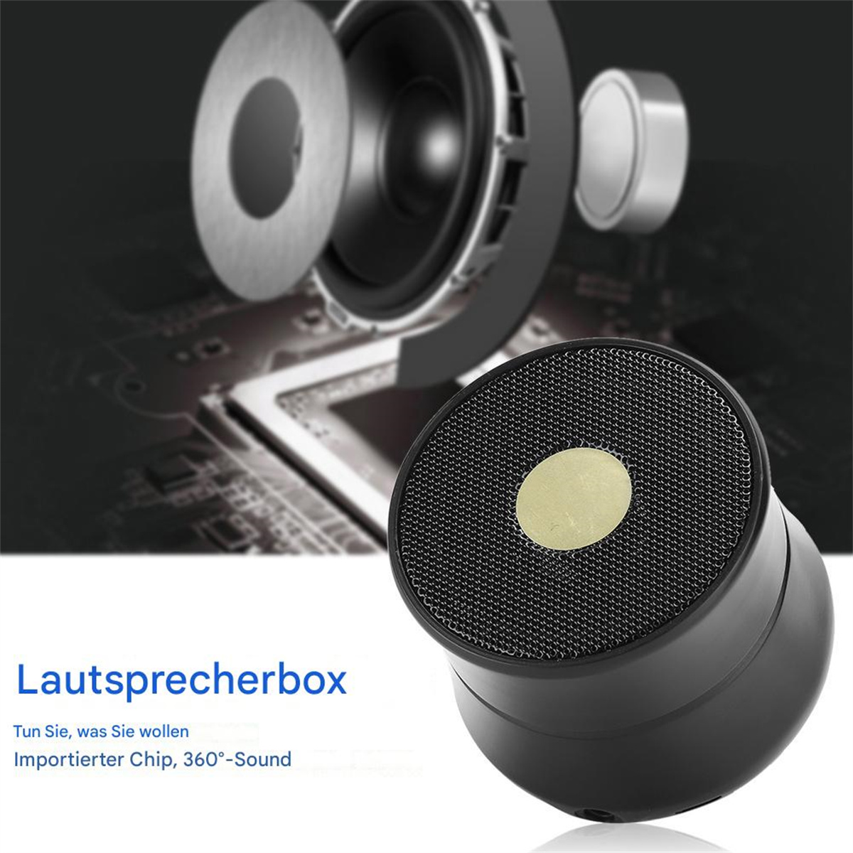Schwarzer Lautsprecher mit Mesh-Front und sichtbaren Innenkomponenten. Text: Lautsprecherbox, 360° Sound.