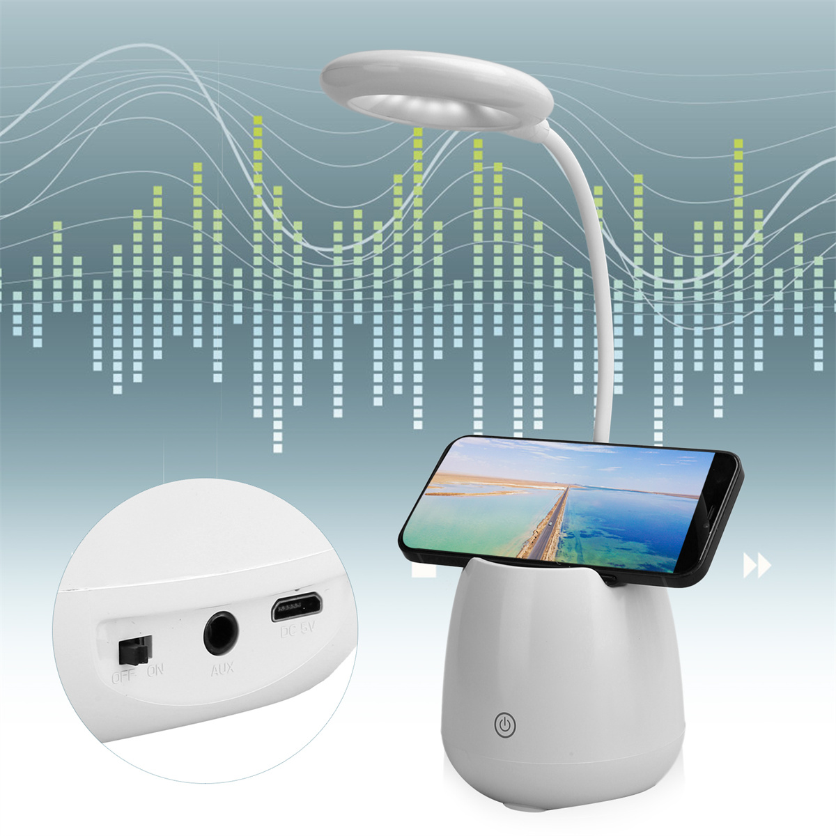 Weiße Lampe mit Telefon, das eine Landschaft zeigt. Hintergrund mit Schallwellen.