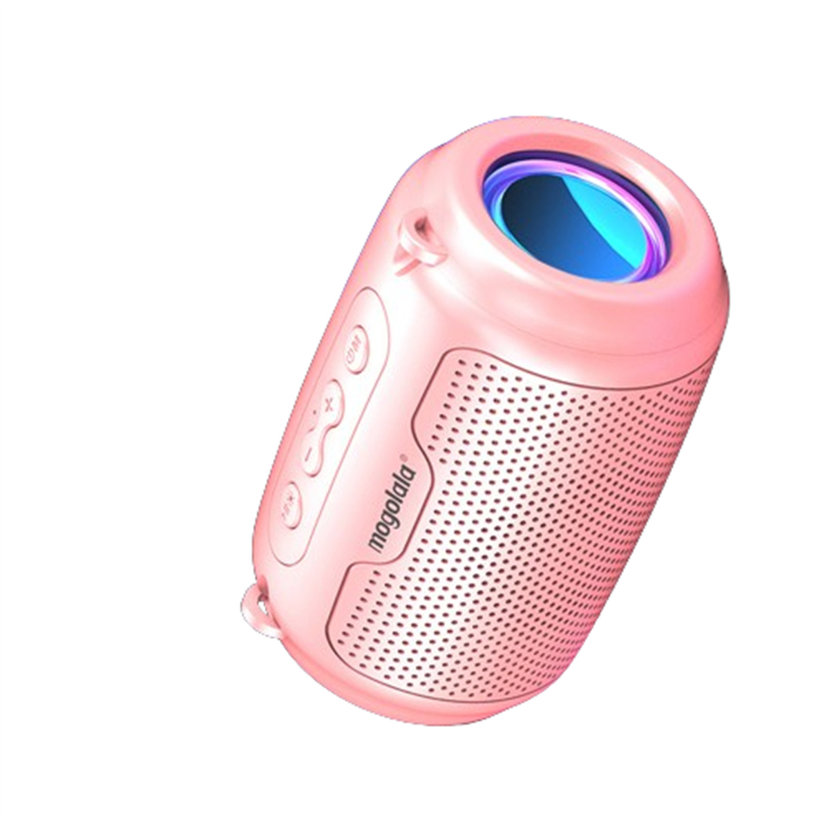 Ein rosa, zylindrischer Lautsprecher mit blauem Licht und drei Bedientasten.