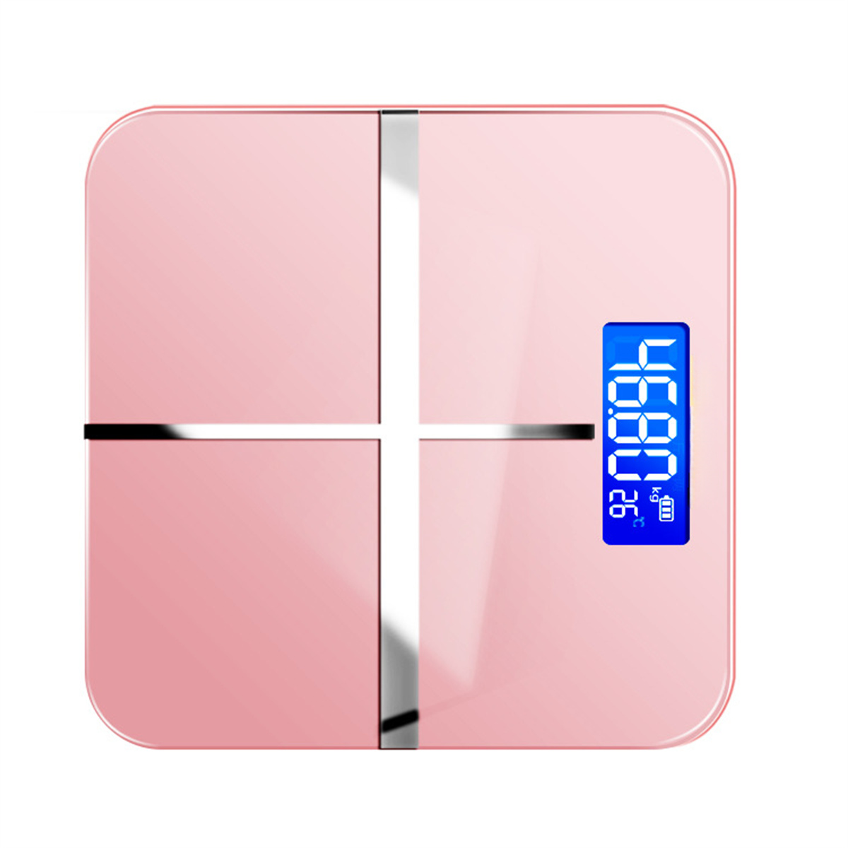 Eine rosa intelligente Waage mit digitaler Anzeige, die das Gewicht und eine Batterieanzeige zeigt.