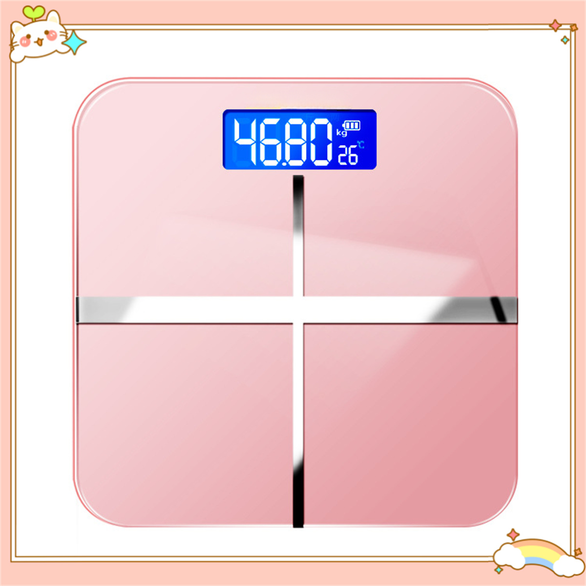 Eine rosa Digitalwaage zeigt 46,80 kg und 26°C an. Sie steht auf einer weißen Oberfläche.