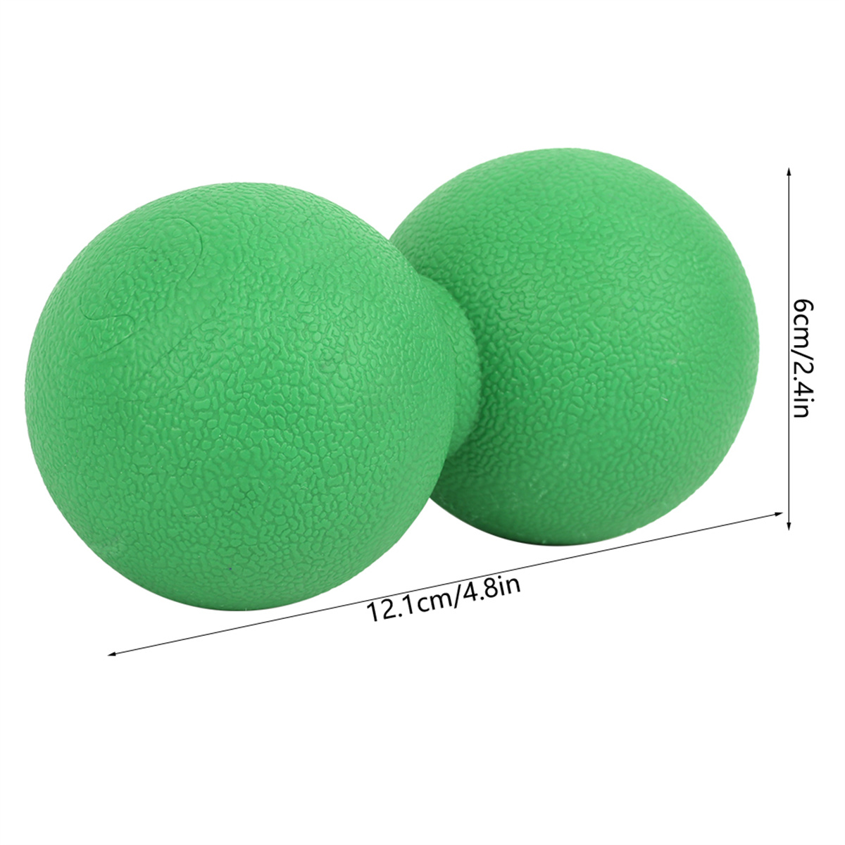 Zwei grüne Massagebälle, Maße sind 12,1 cm x 6 cm.