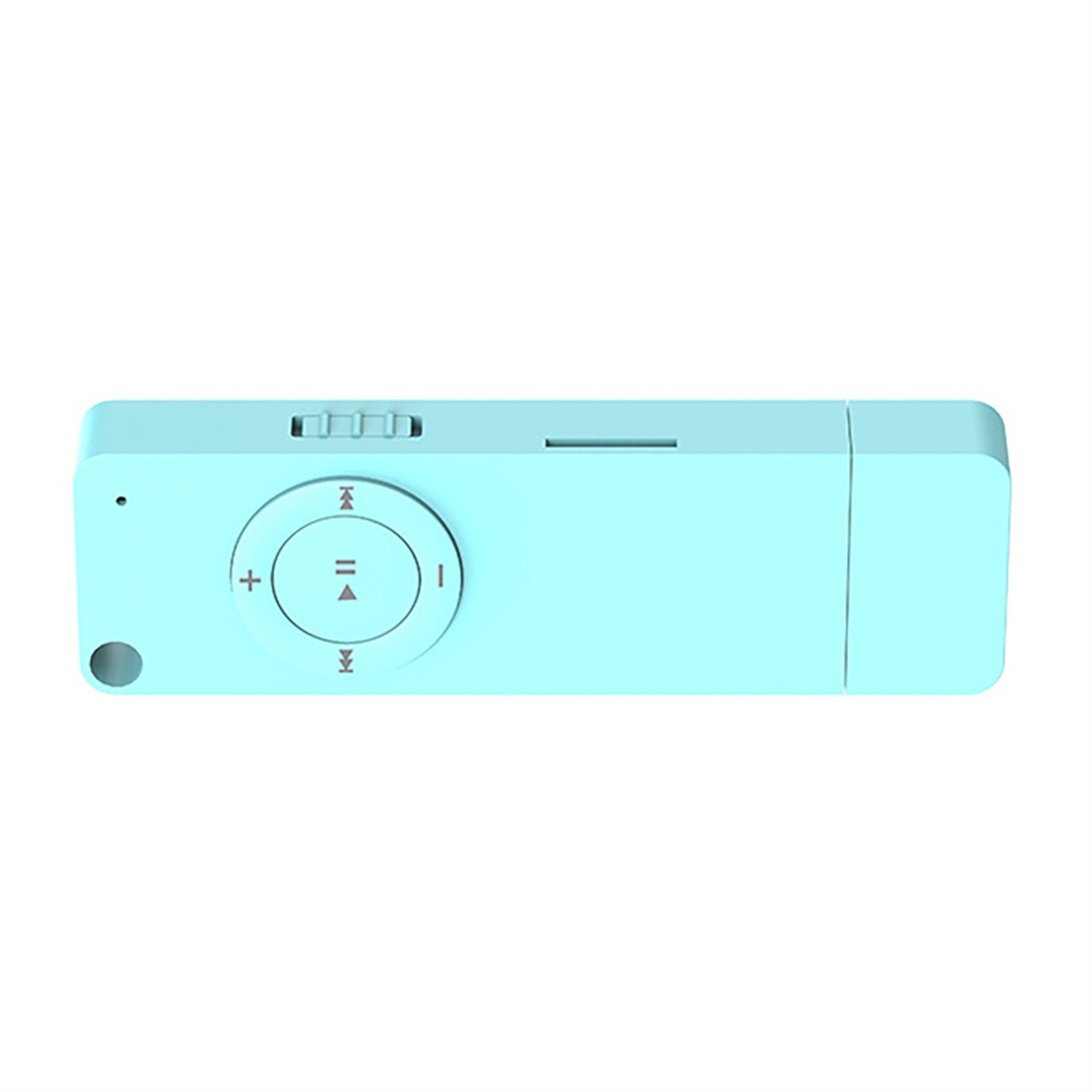 Hellblauer MP3-Player mit Knöpfen und USB-Anschluss.