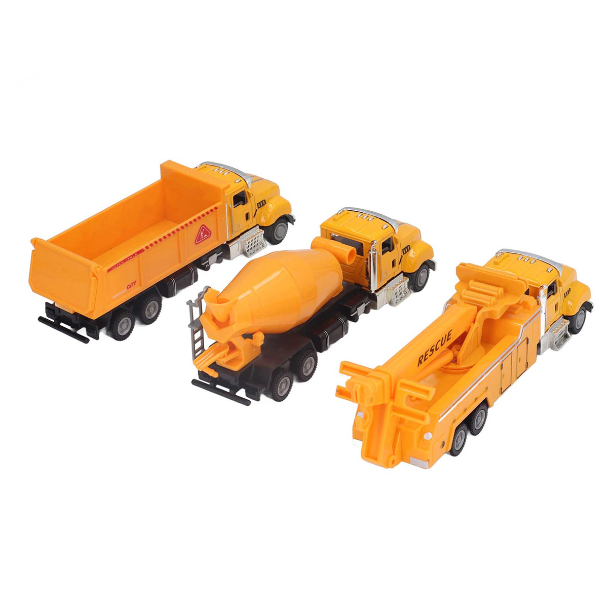 Spielzeug-LKW: Muldenkipper, Betonmischer und Abschleppwagen, alle orange.