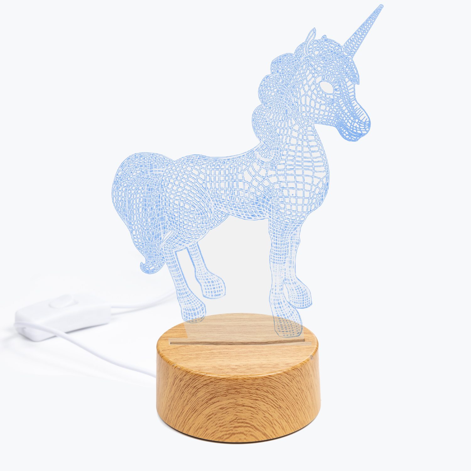 Scultura luminosa unicorno blu su base di legno, sfondo bianco.