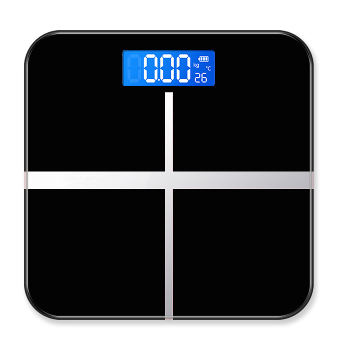 Eine schwarze digitale Badezimmerwaage, die 0,00 kg und 26°C anzeigt. Weißer Hintergrund.