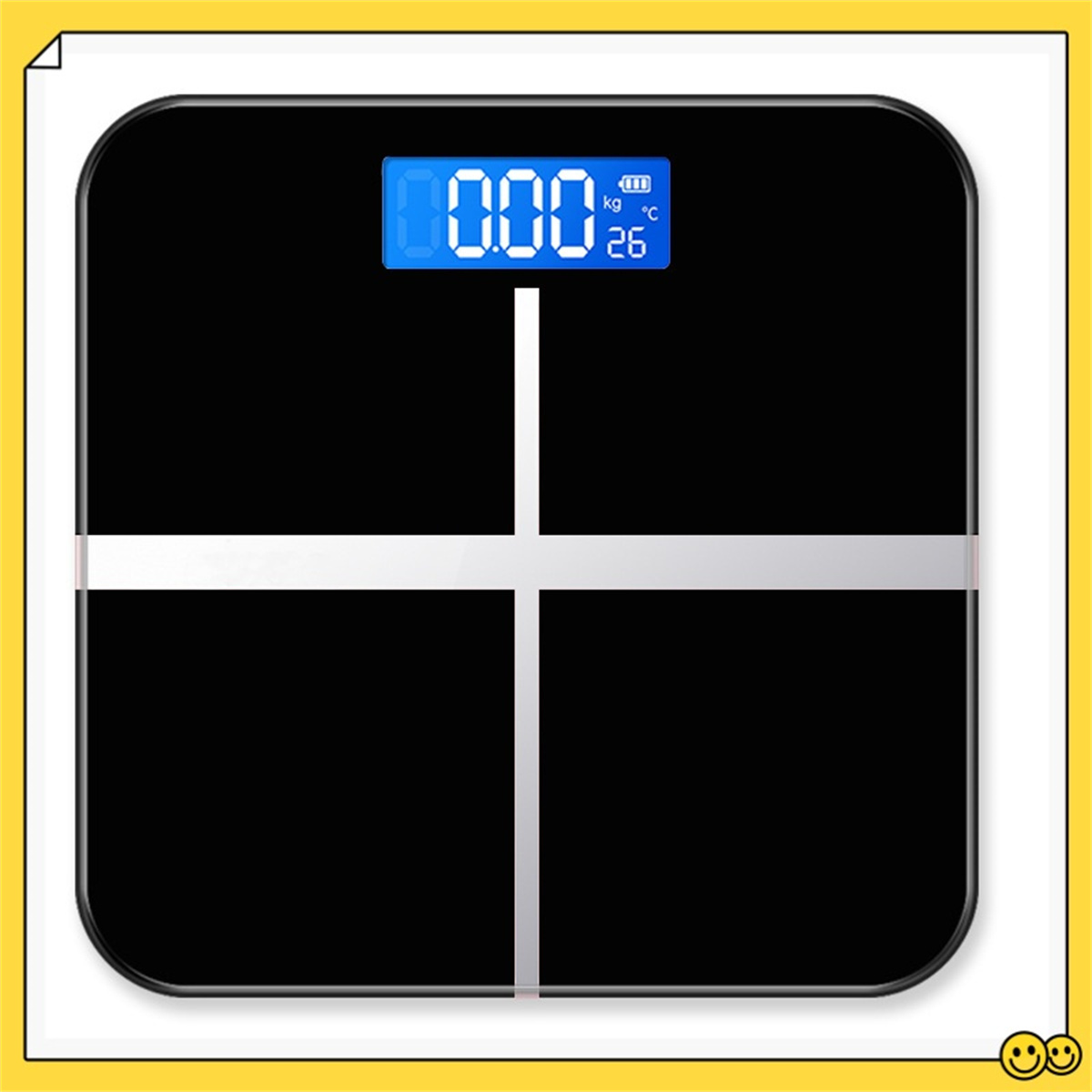 Schwarze digitale Badezimmerwaage mit blauem Display, das 0,00 kg und 26 Grad anzeigt.