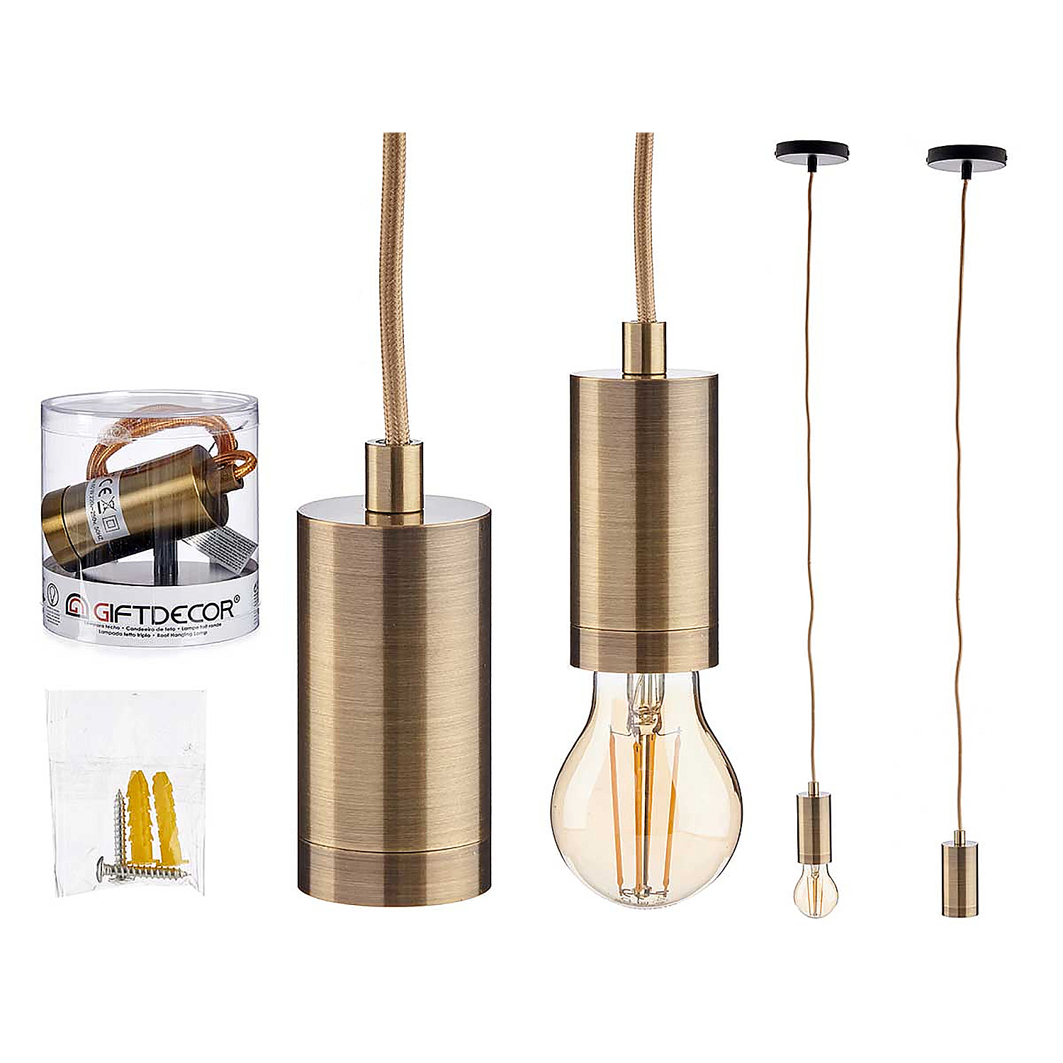 Tres lámparas colgantes de bronce antiguo, una con bombilla visible. Accesorios y una caja transparente.