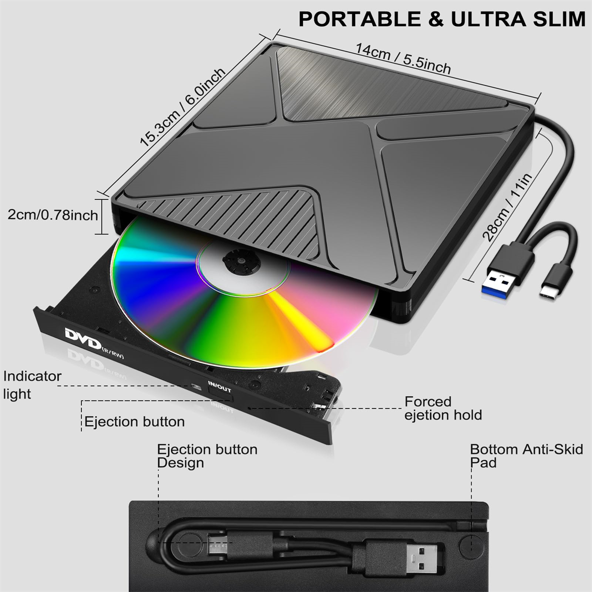 Schwarzer DVD-Player mit eingelegter Disc und USB-Kabel, mit Maßangaben.
