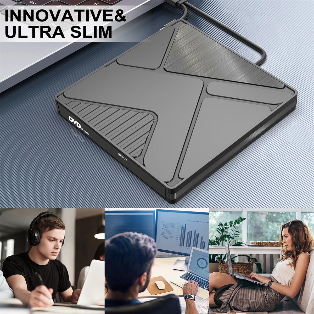 Schwarzes, quadratisches DVD-Laufwerk mit Personen, die Laptops benutzen, mit dem Text "INNOVATIVE & ULTRA SLIM".