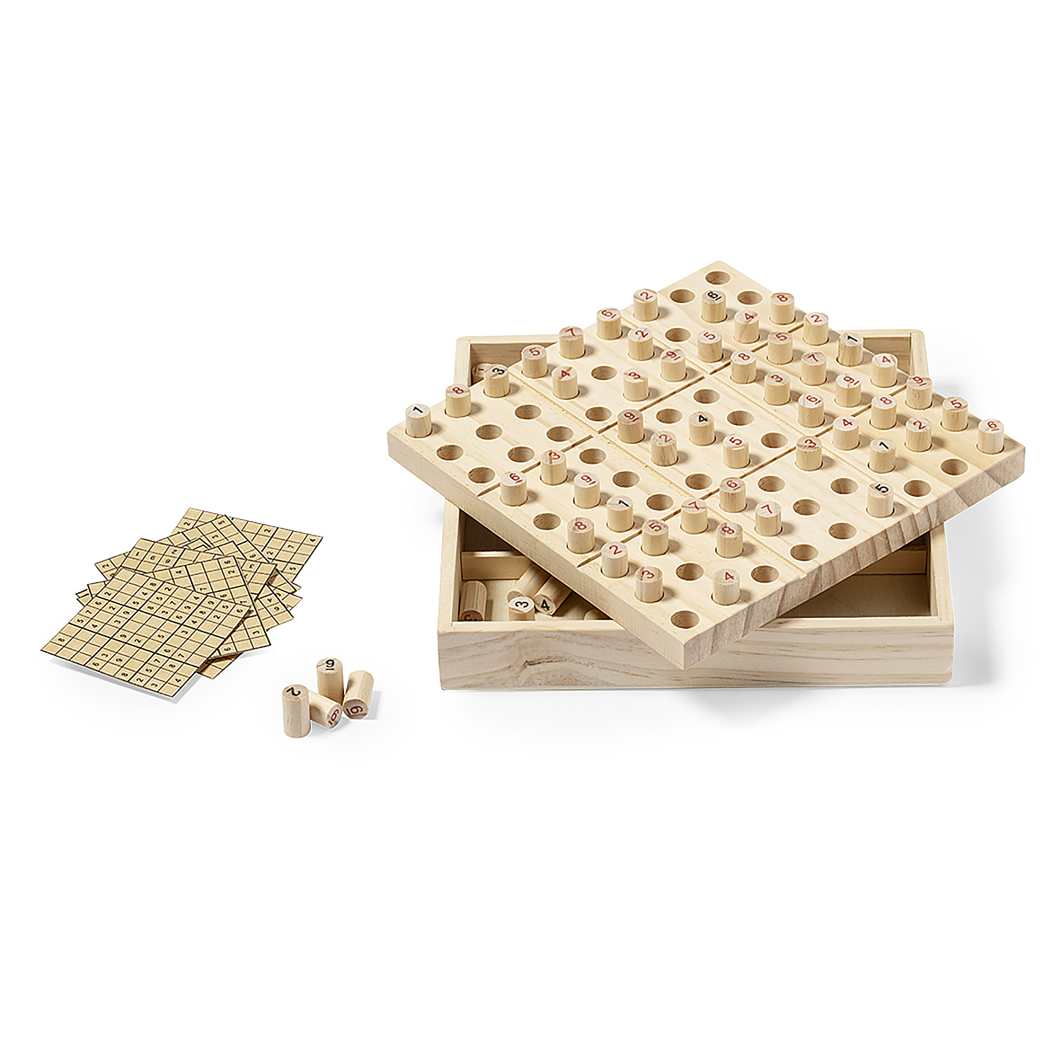 Holz-Sudoku-Spiel mit Teilen und Karten. Geöffnete Box mit Spielbrett.