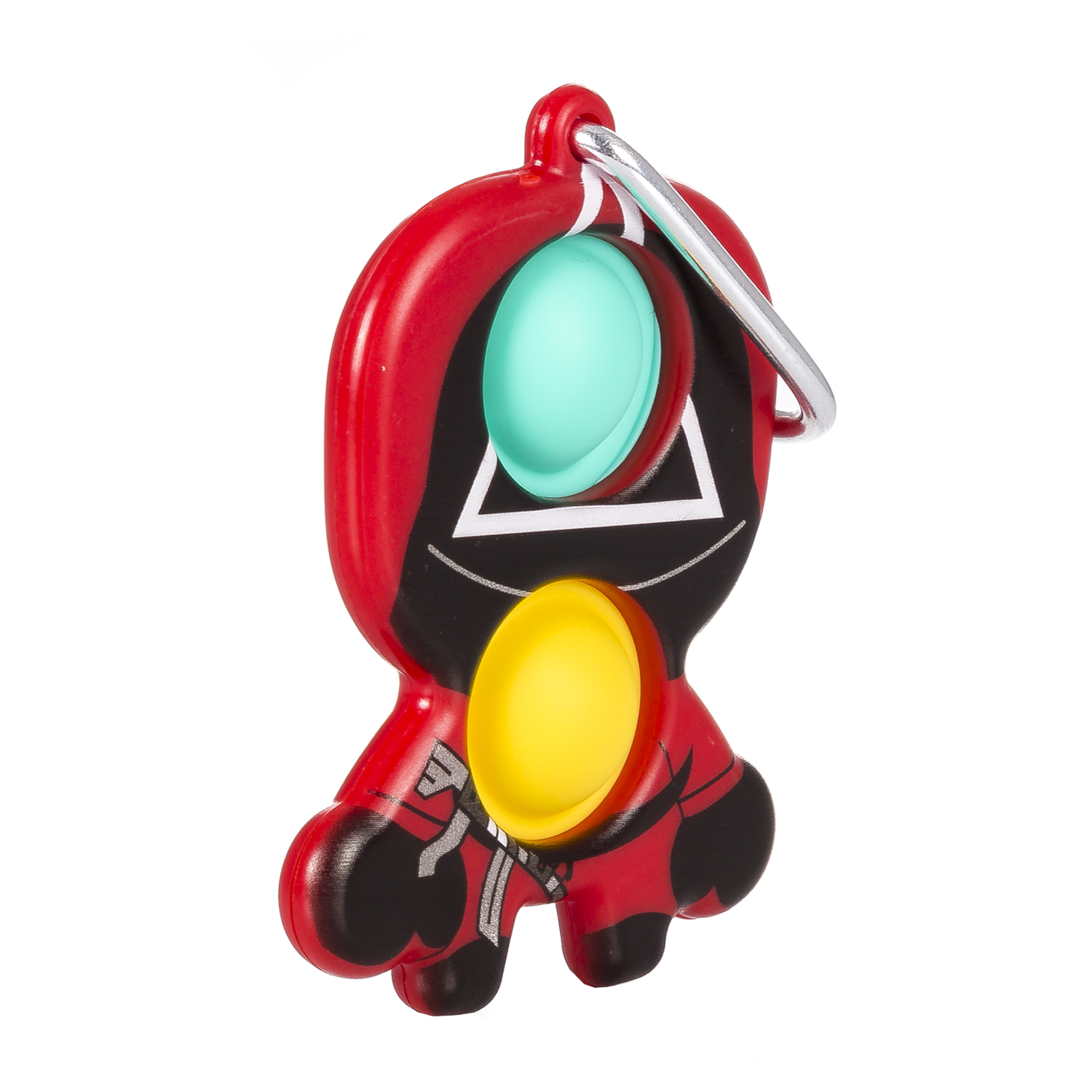 Un portachiavi rosso di Squid Game con bottoni verdi e gialli. Sfondo bianco.