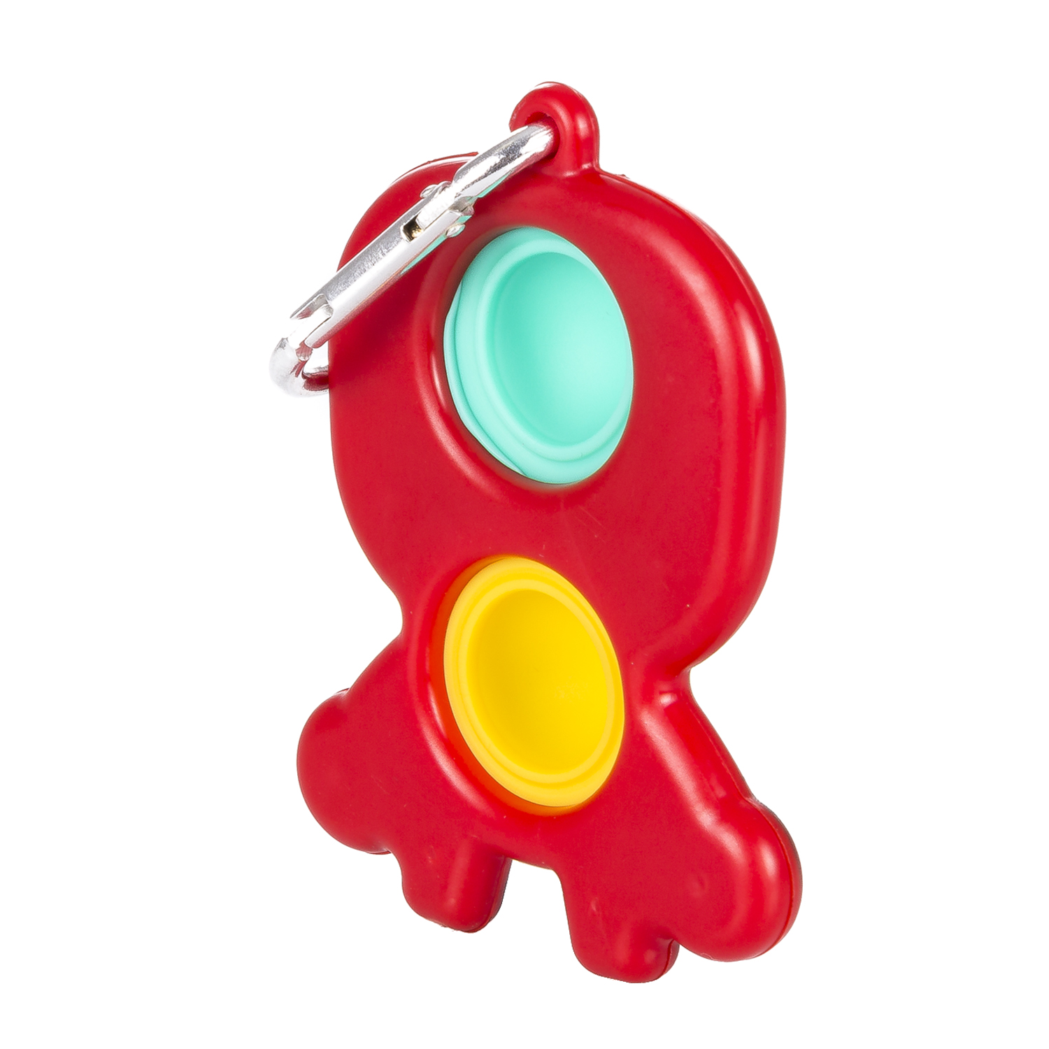 Giocattolo a fossette rosso e giallo con una clip argentata. Sfondo bianco.